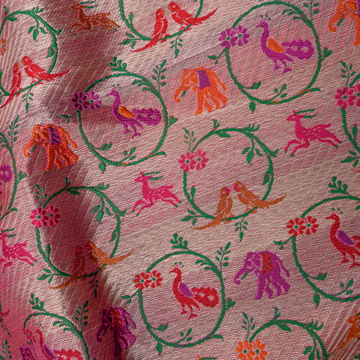 Rose Pink Multicolour Animal Motif Jamawar Silk Fabric