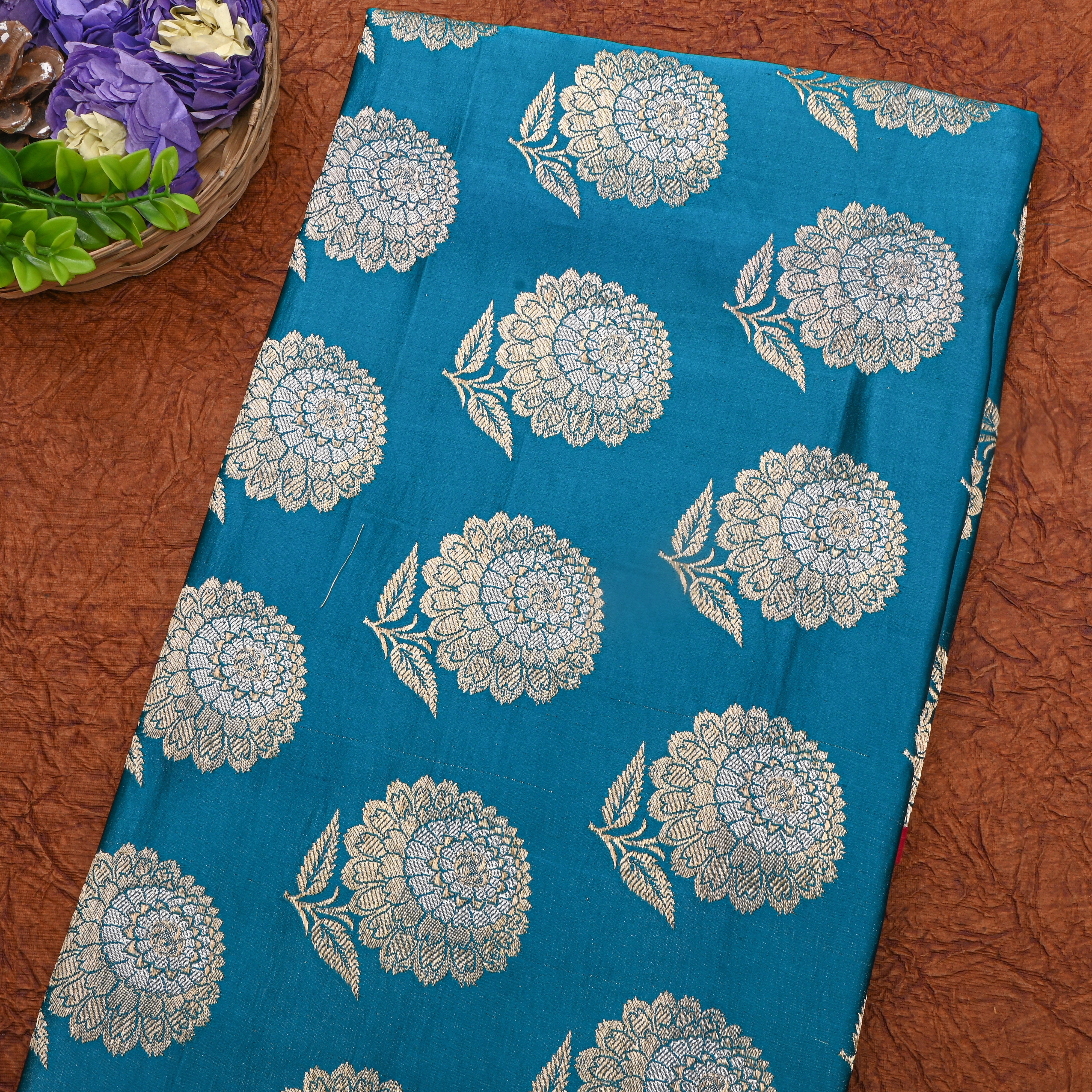 Teal Gold Marigold Motif Silk Fabric