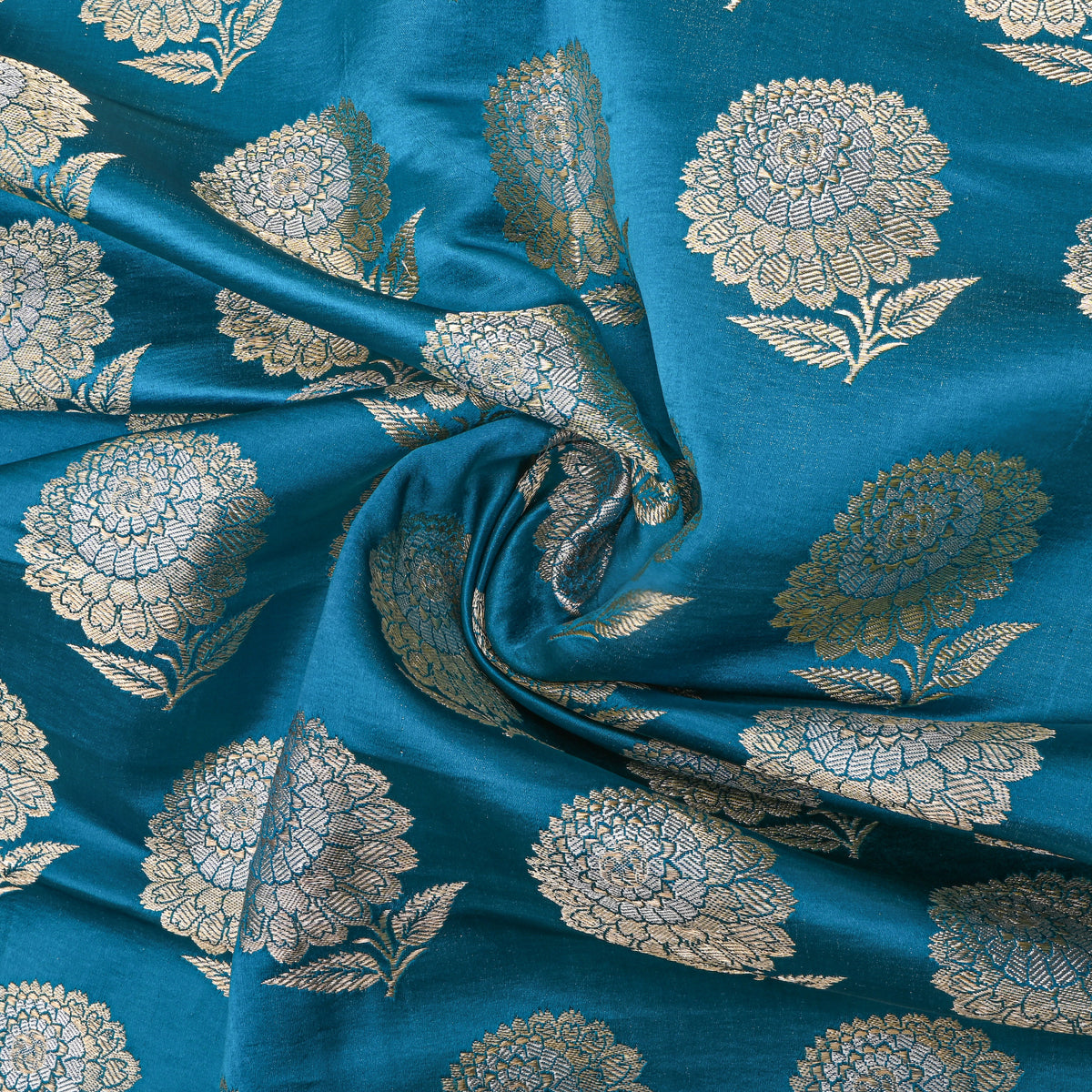 Teal Gold Marigold Motif Silk Fabric