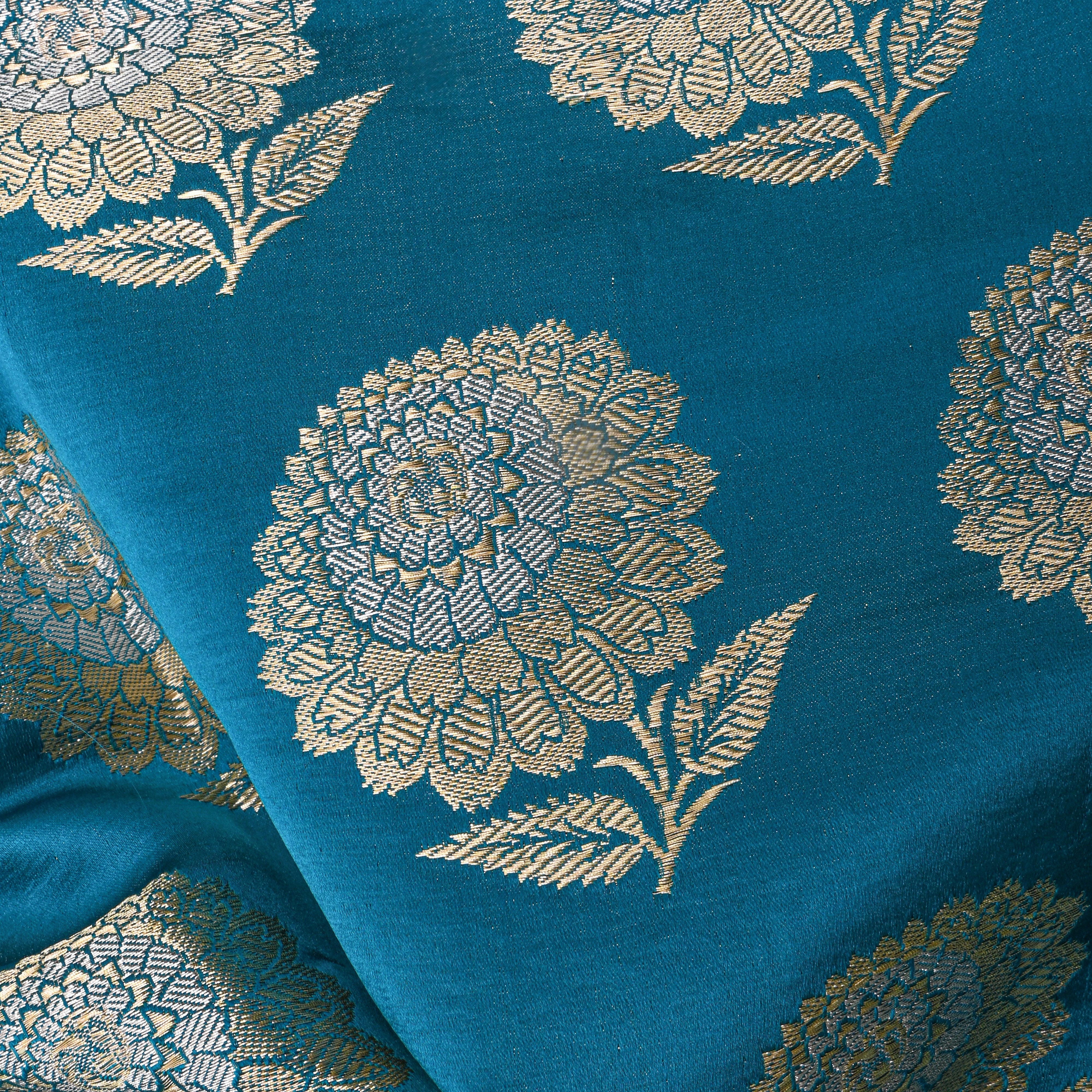 Teal Gold Marigold Motif Silk Fabric