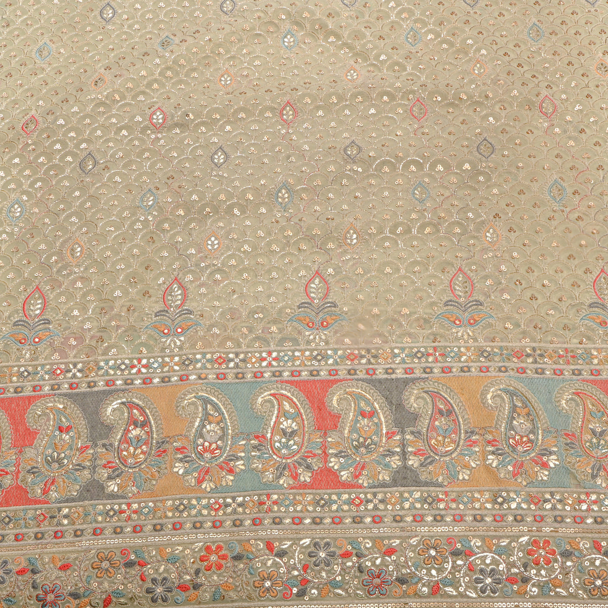 Beige With Multicolour Aari Zardozi Georgette Fabric