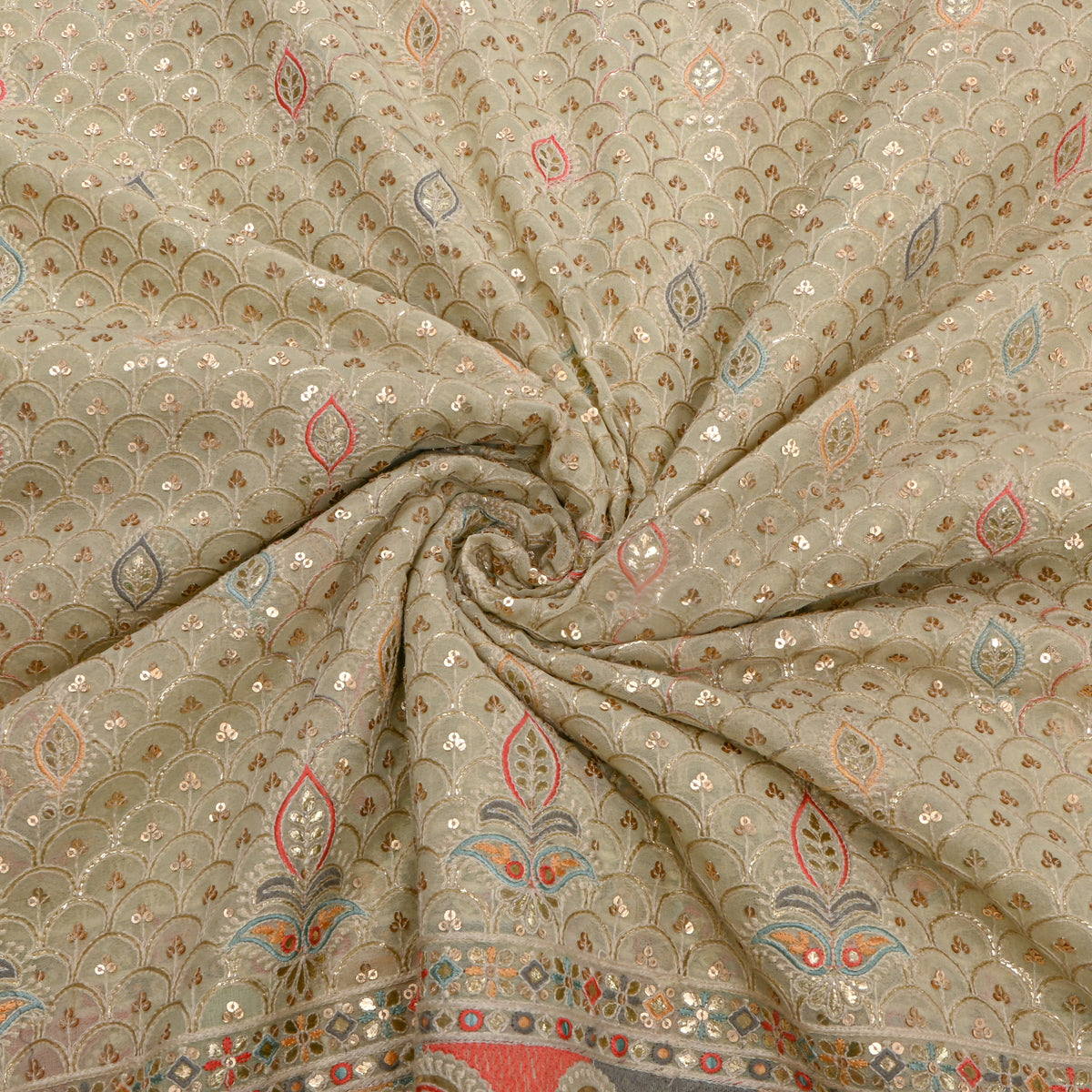 Beige With Multicolour Aari Zardozi Georgette Fabric