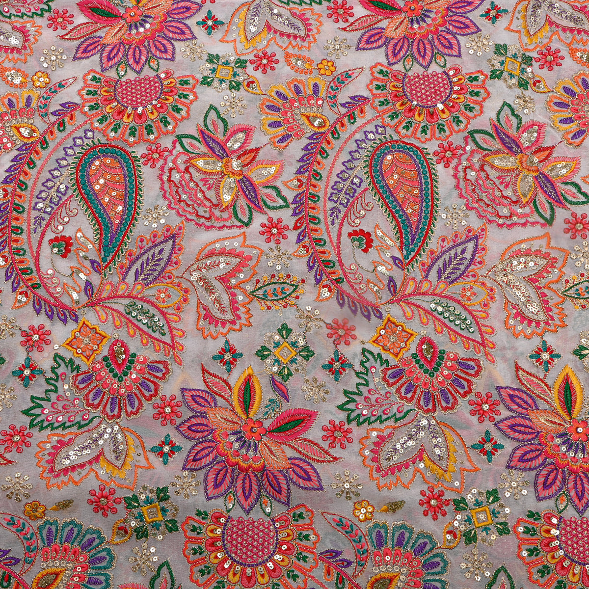 Pearl White Multicolour Paisley Floral Embroidery Georgette Fabric