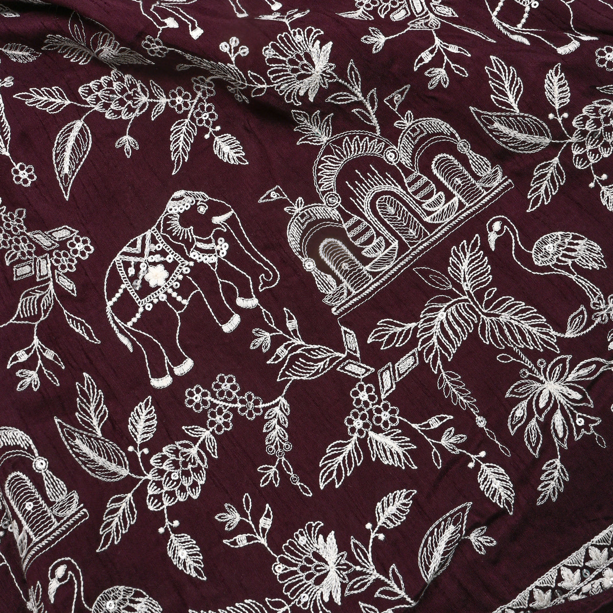 Maroon White Thread Work Shikargah Silk Fabric