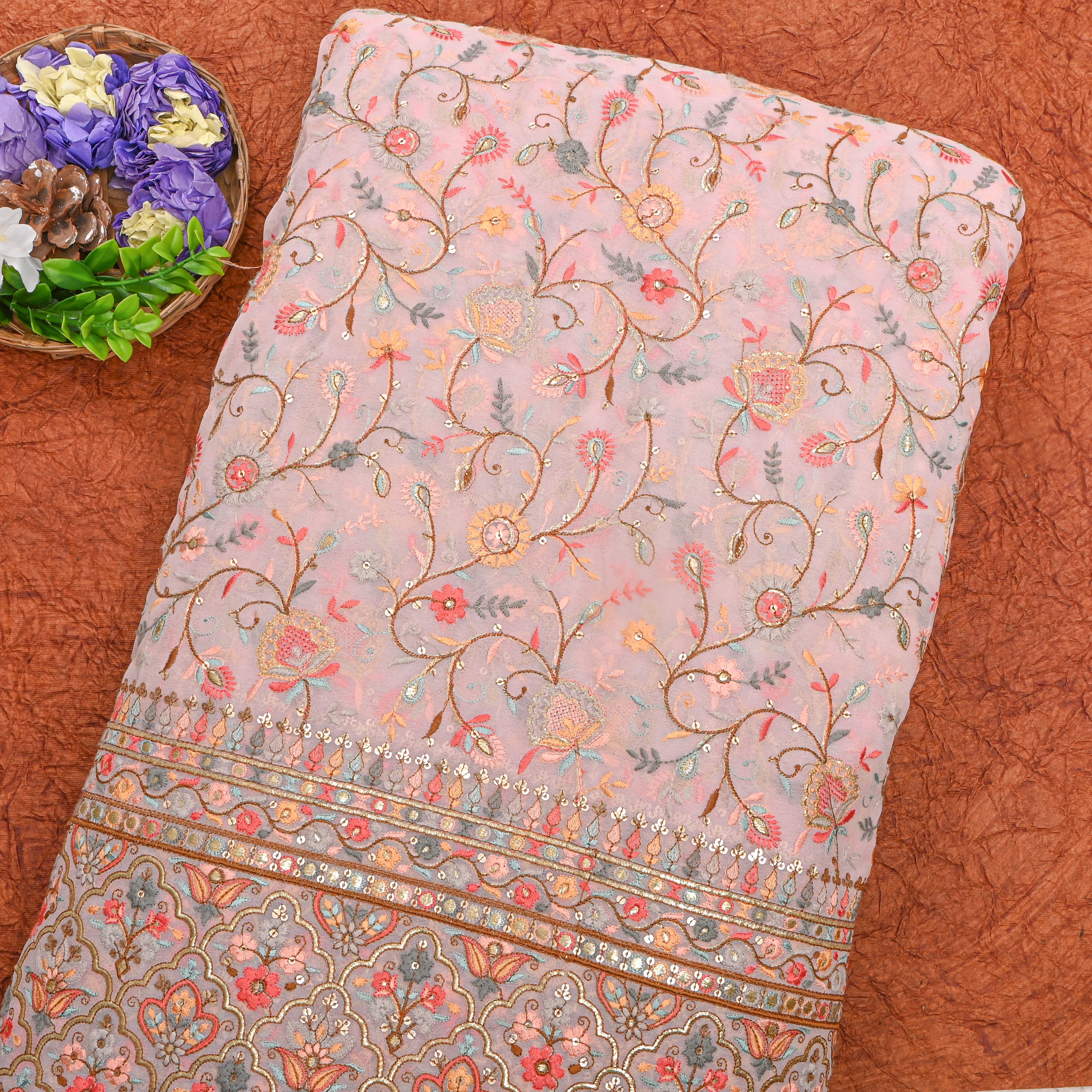 Pink Multicolour Resham Jaal Georgette Fabric