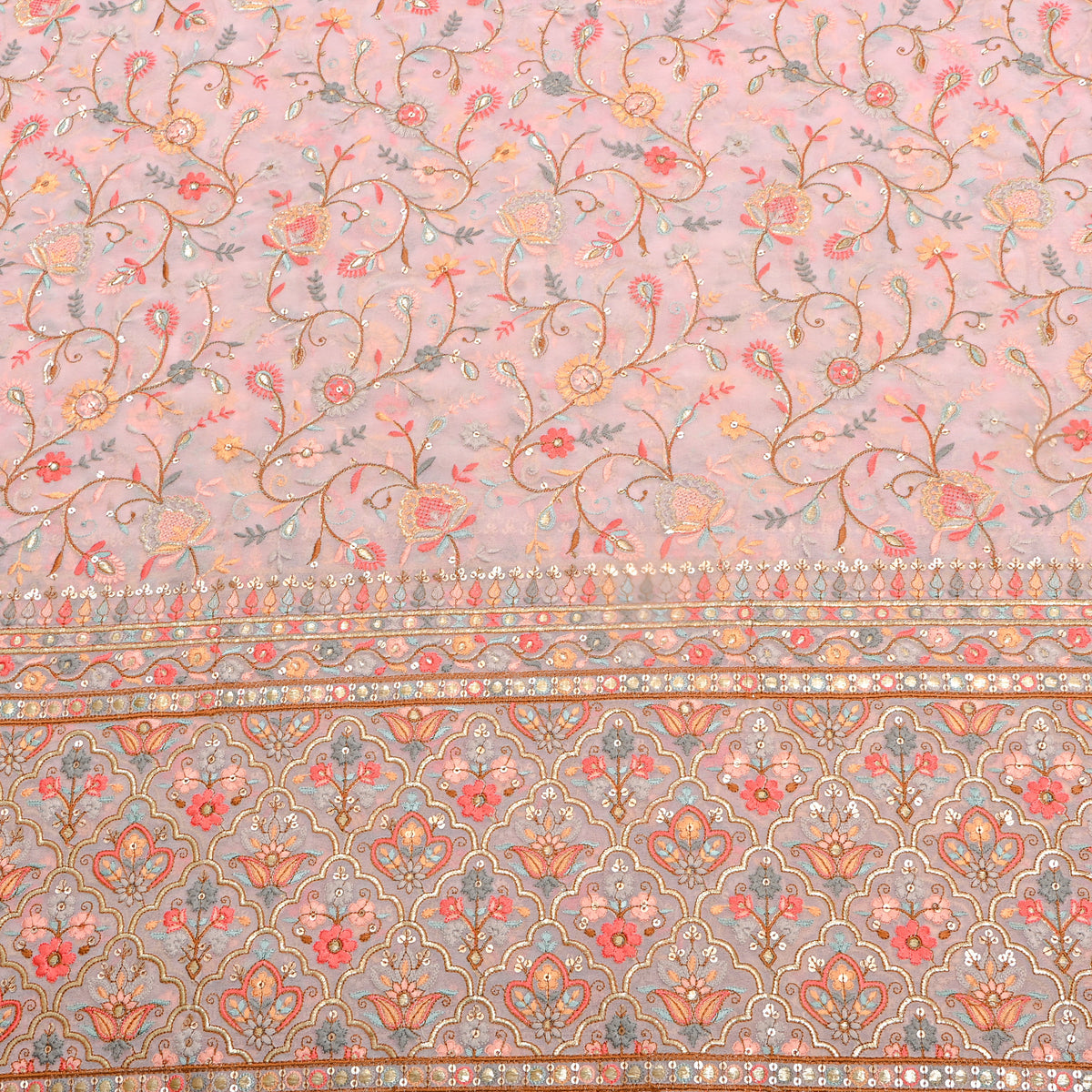 Pink Multicolour Resham Jaal Georgette Fabric