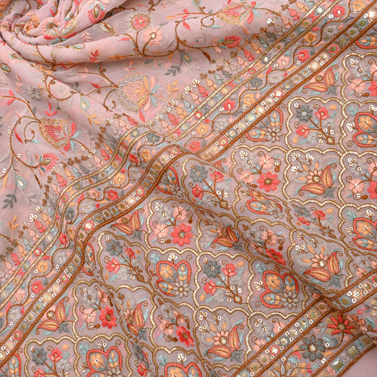 Pink Multicolour Resham Jaal Georgette Fabric