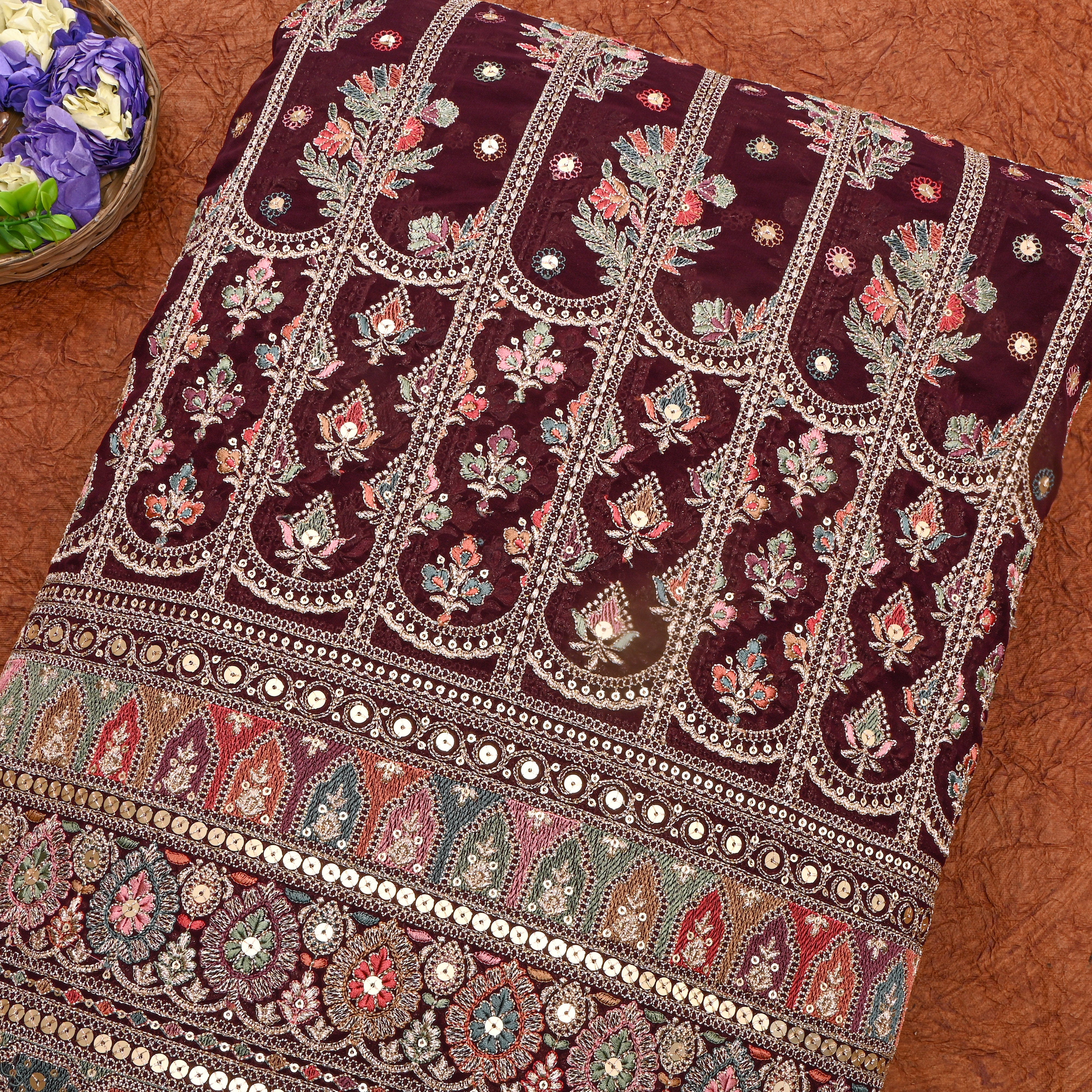 Maroon Multicolour Resham Embroidered Georgette