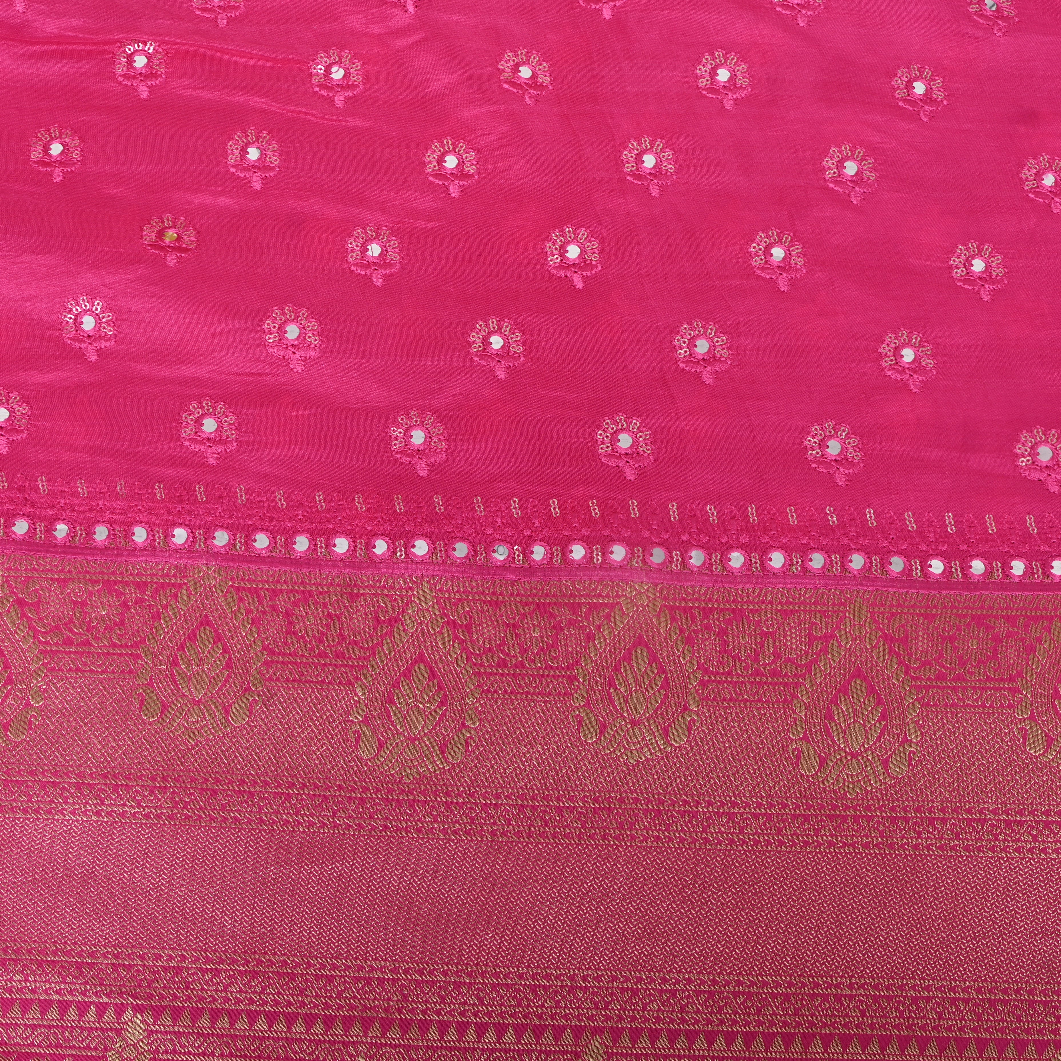 Rani Pink Mirror Work Buttis Silk Fabric