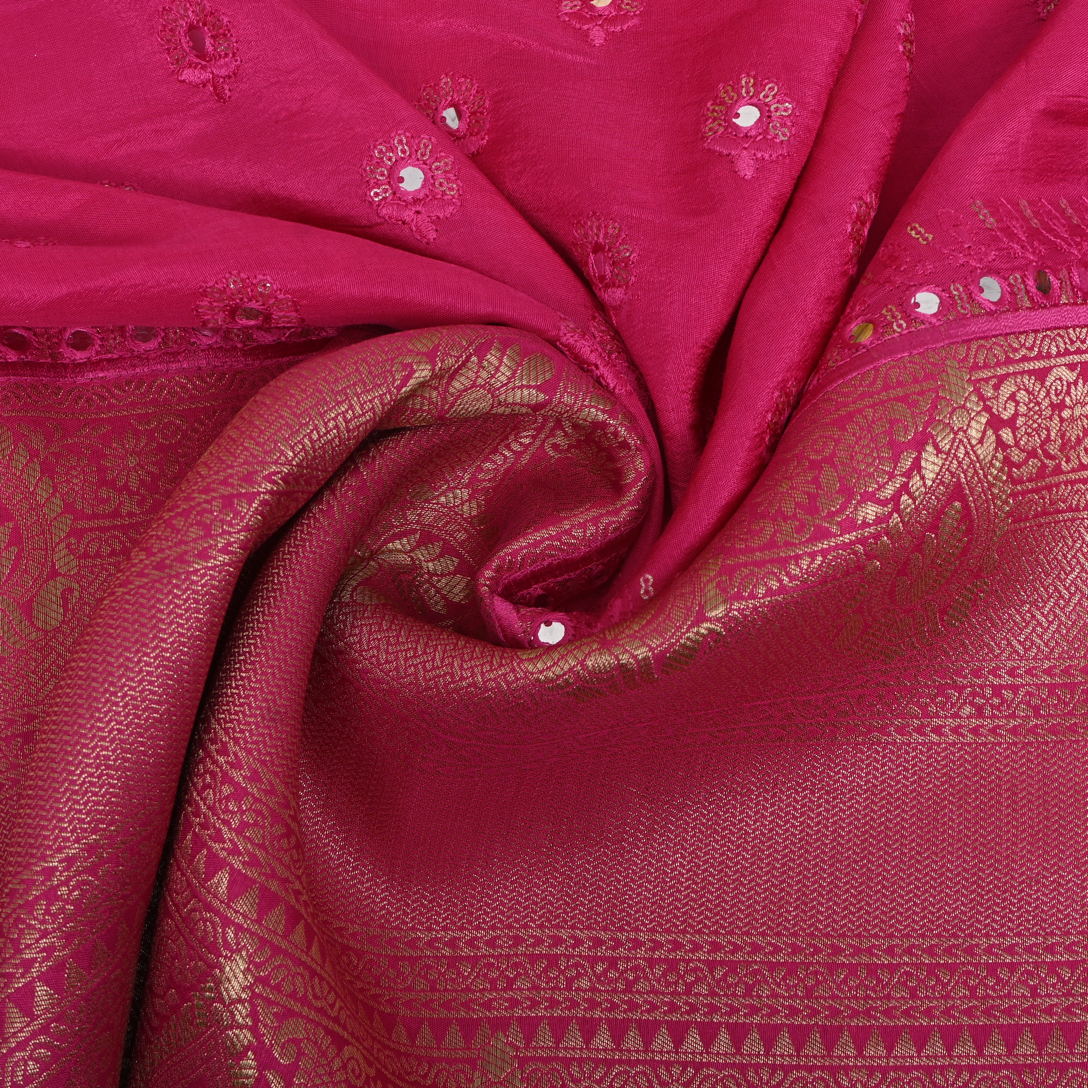 Rani Pink Mirror Work Buttis Silk Fabric