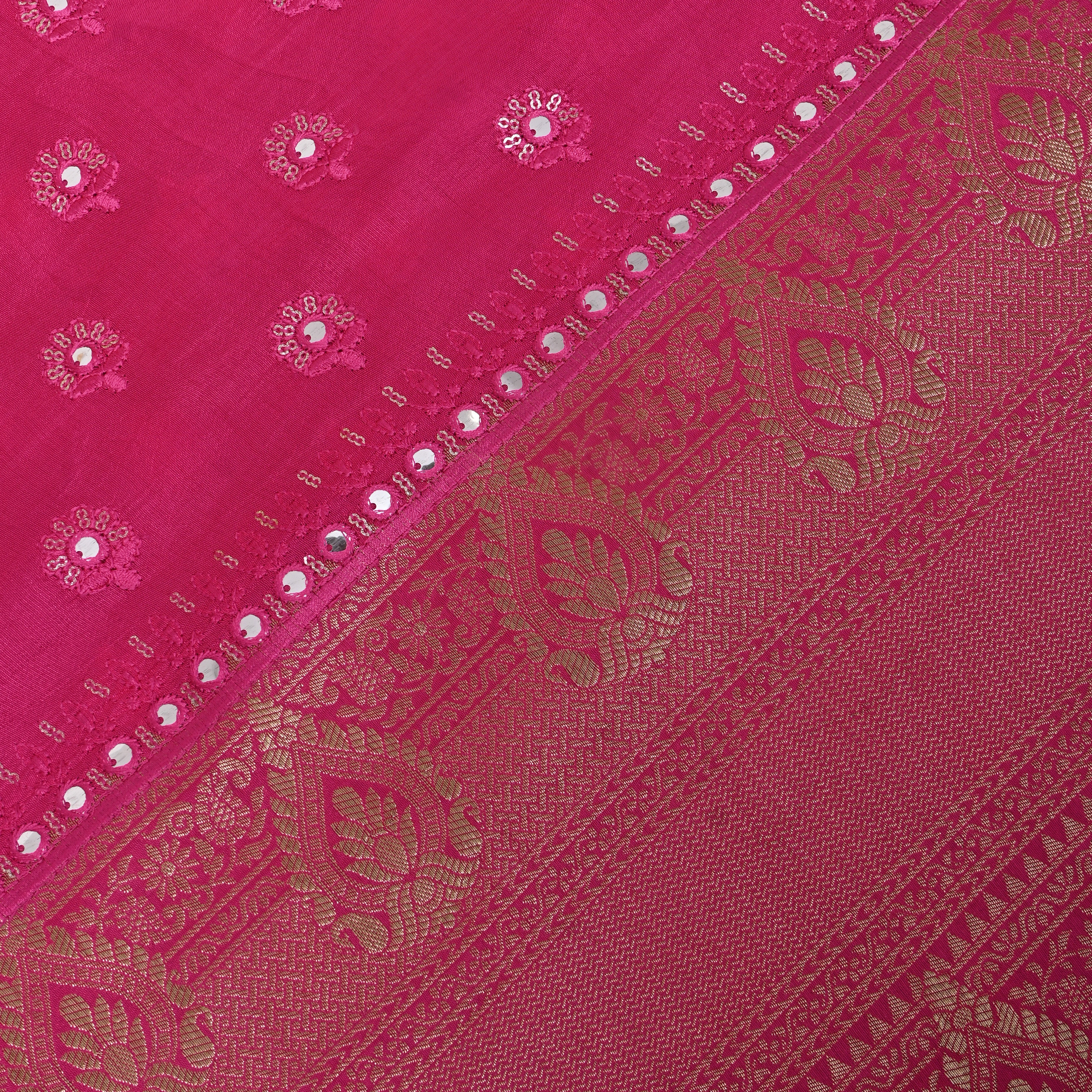 Rani Pink Mirror Work Buttis Silk Fabric