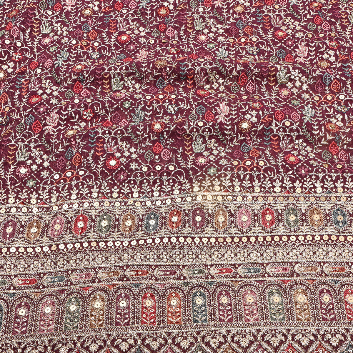 Dark Plum Purple Multicolour Resham Floral Embroidery Georgette Fabric
