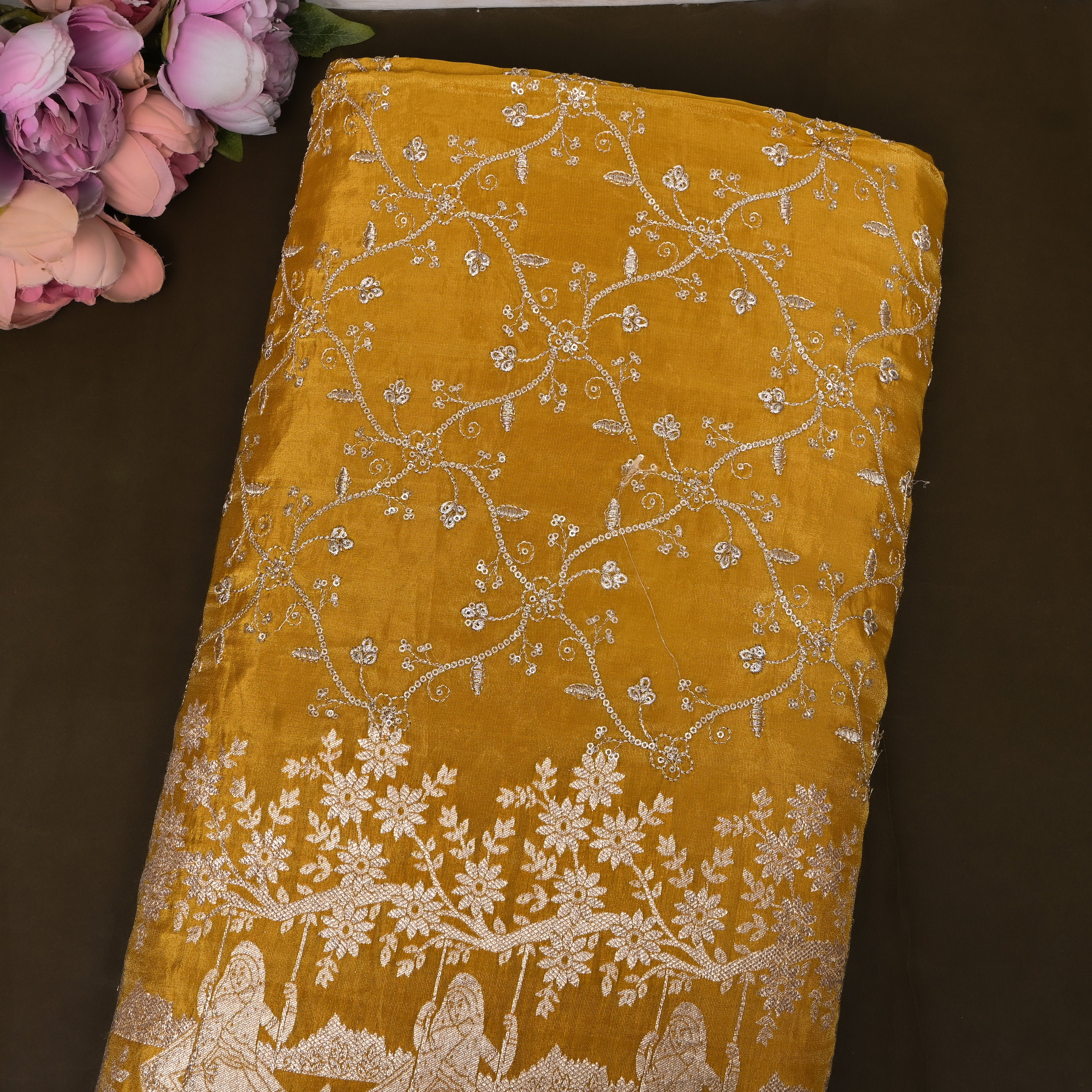 Mustard Gold Gopi Swing Floral Jaal Tissue Fabric