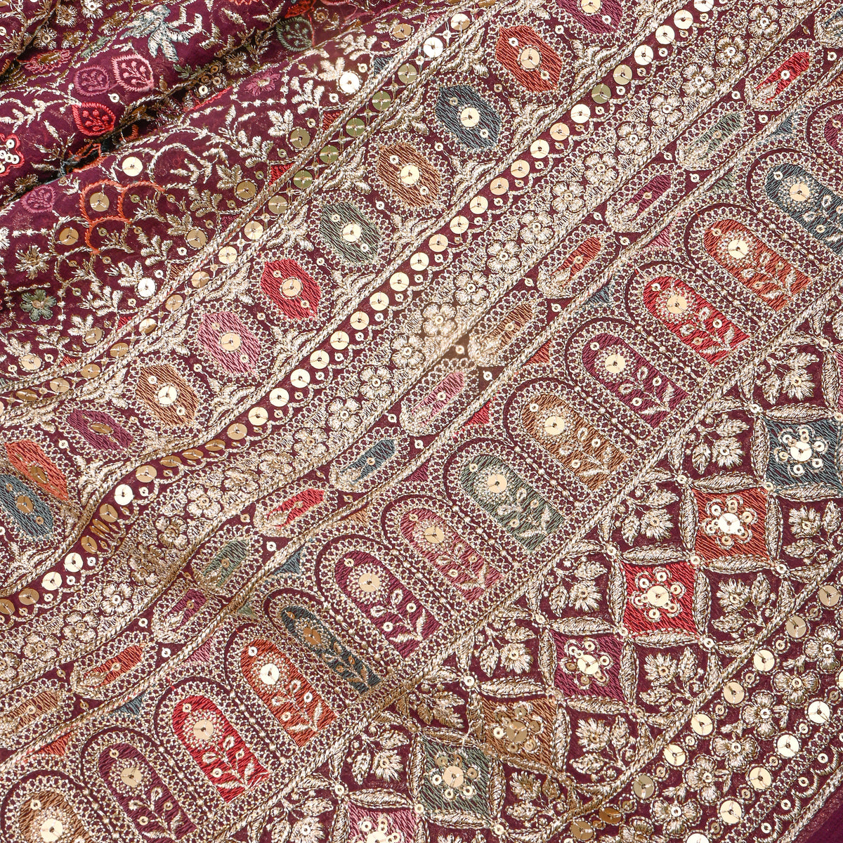 Dark Plum Purple Multicolour Resham Floral Embroidery Georgette Fabric