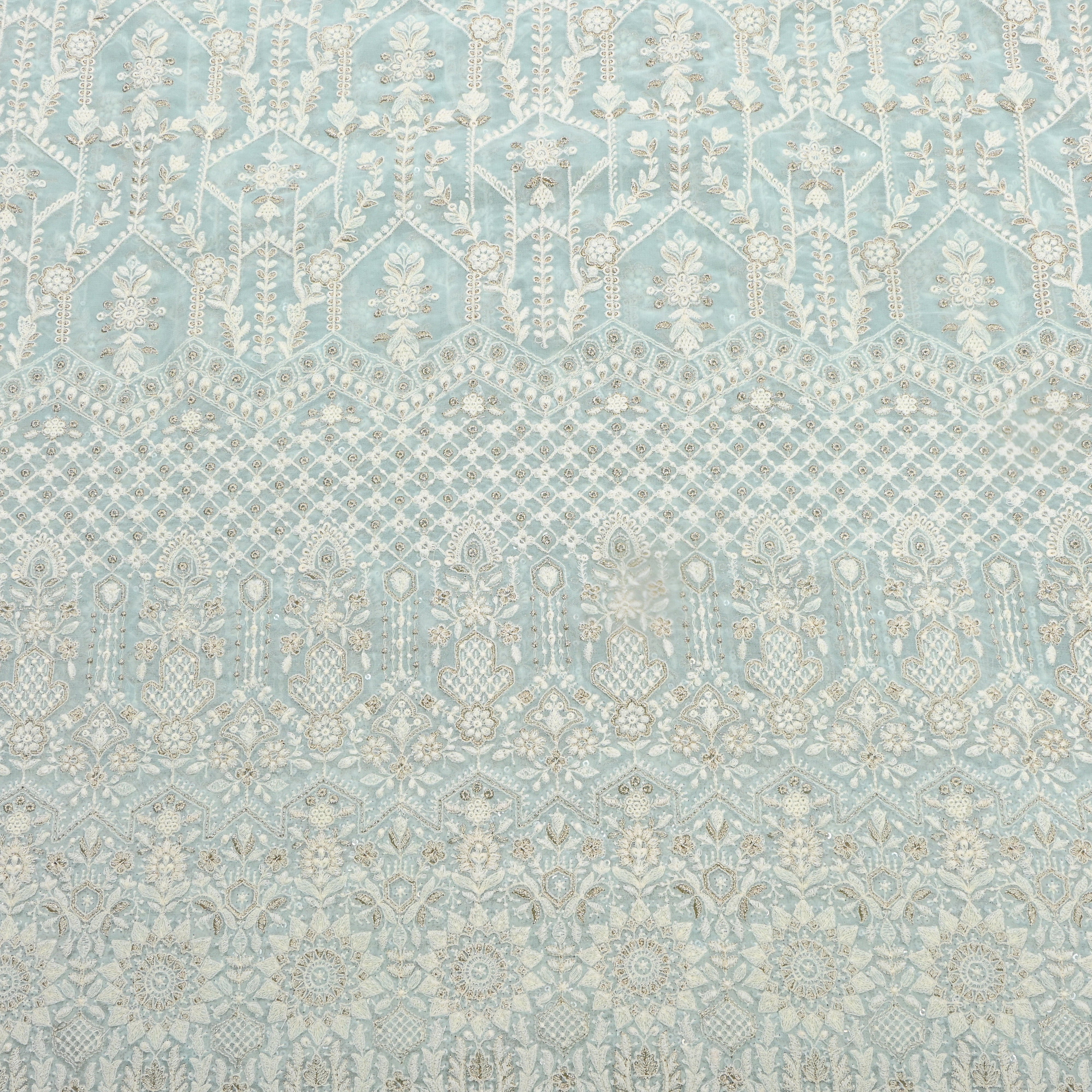 Pastel Green Geometric Thread Work Georgette