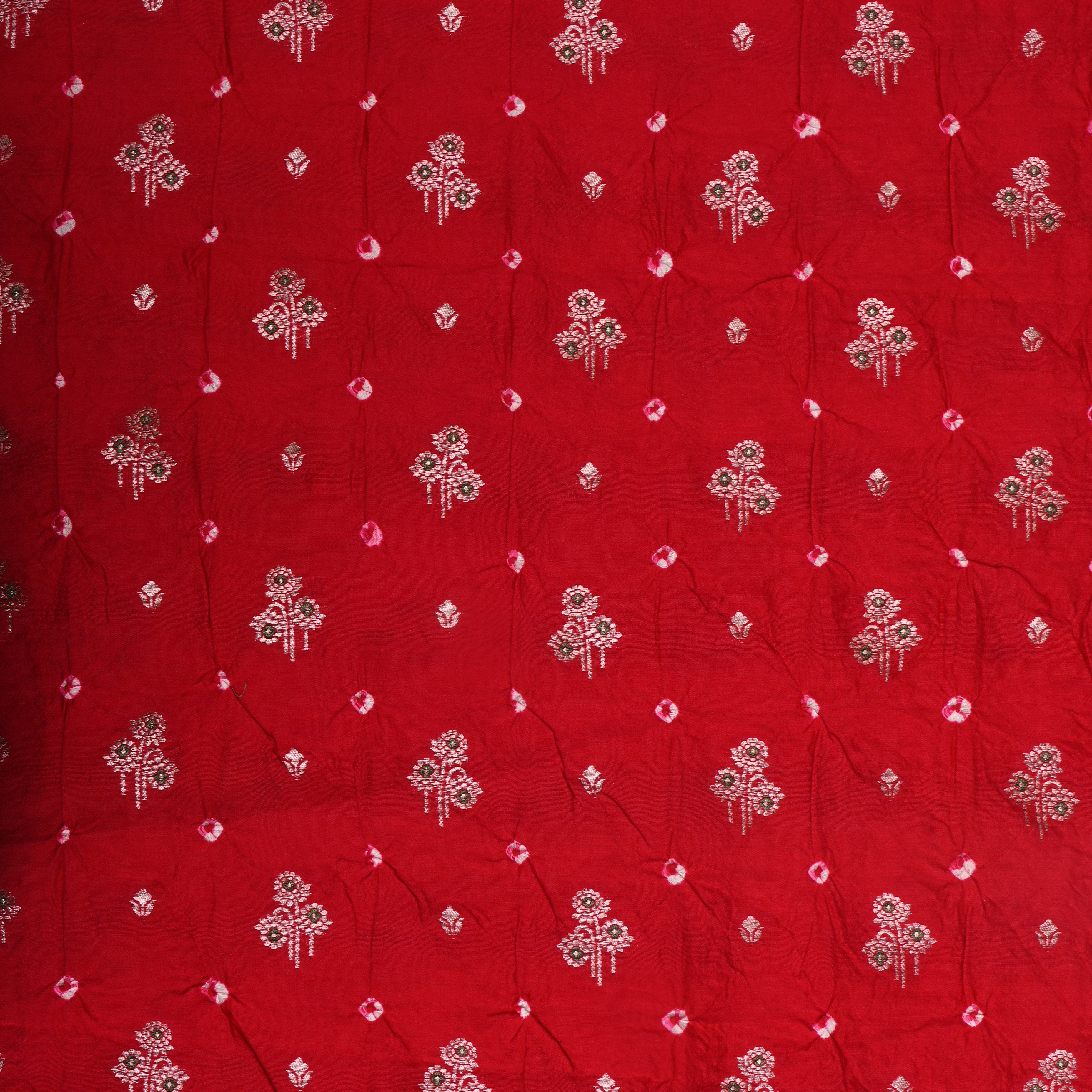 Bright Red Floral Bandhani Silk Fabric