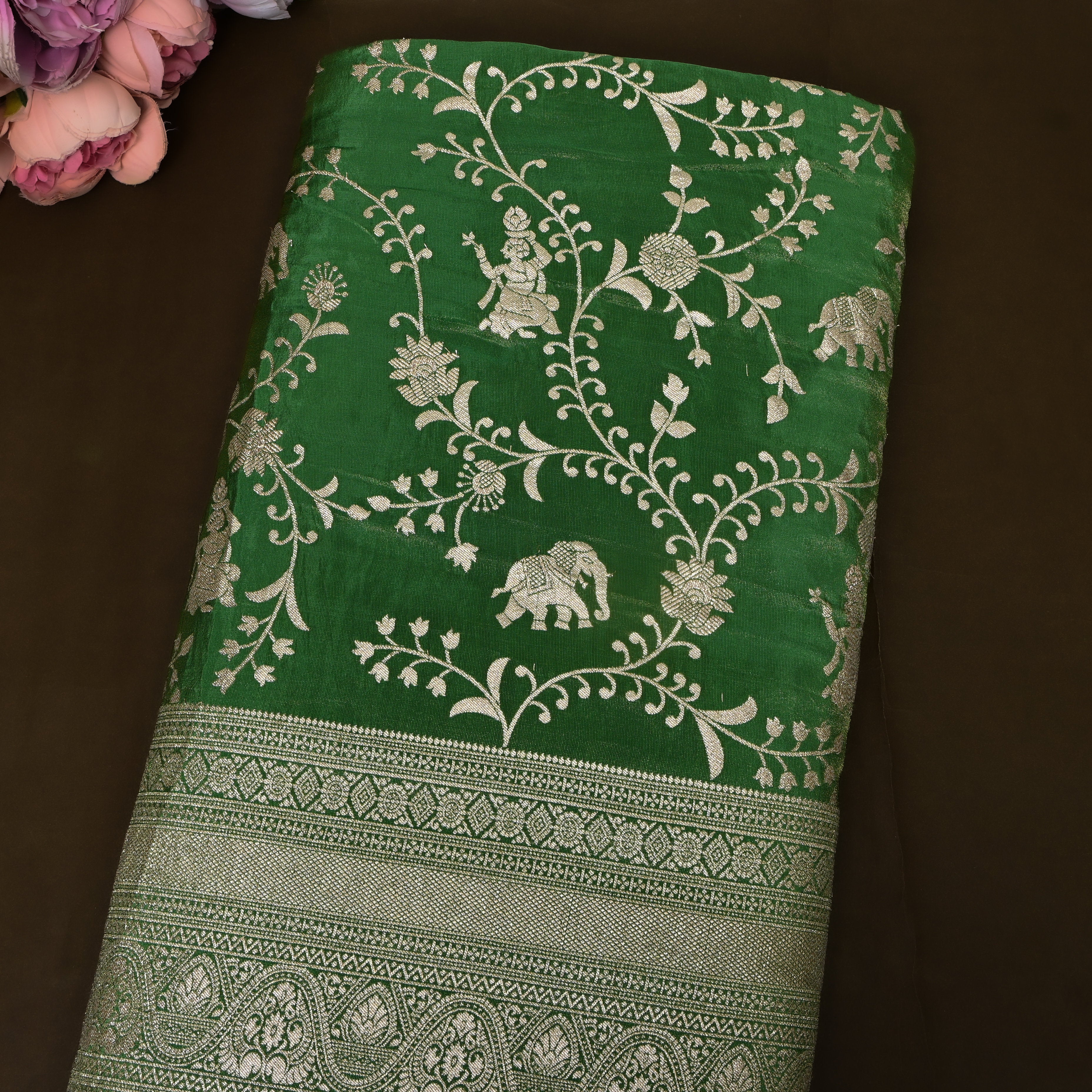 Bottle Green Zari Elephant Motif Fabric