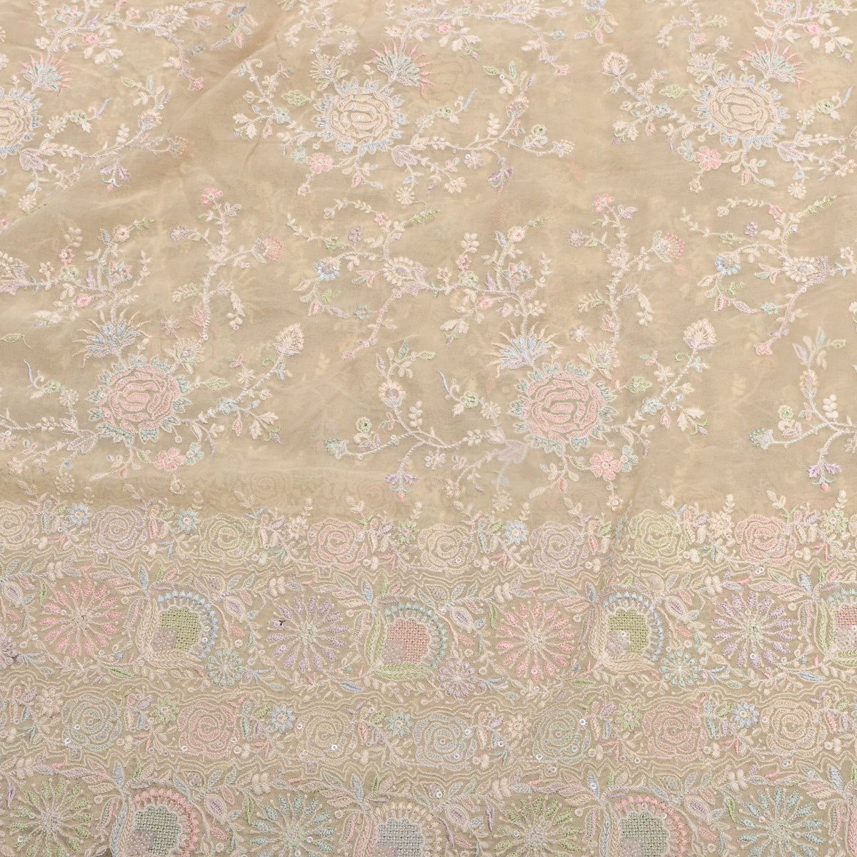 Cream Multicolour Floral Thread Work Georgette