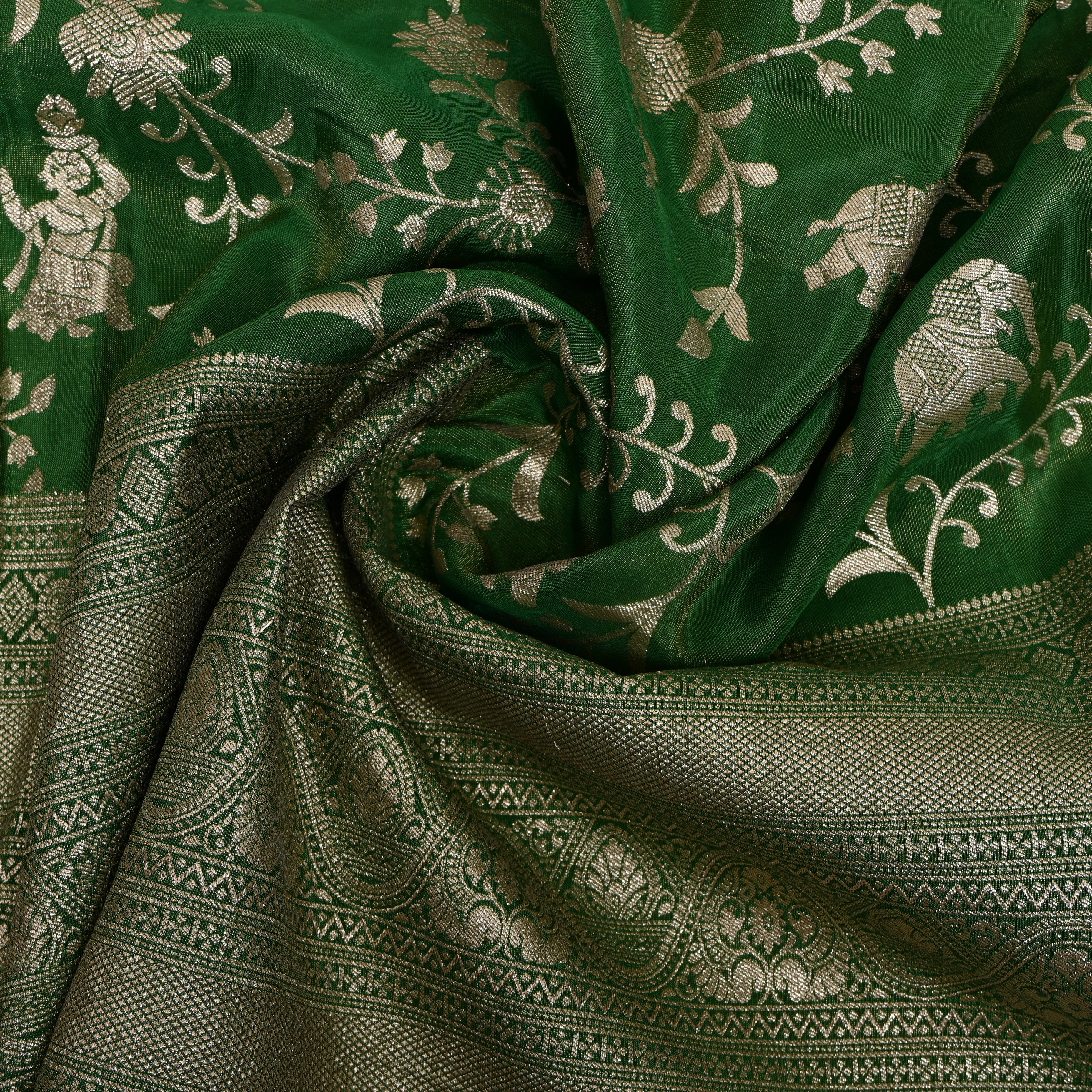 Bottle Green Zari Elephant Motif Fabric