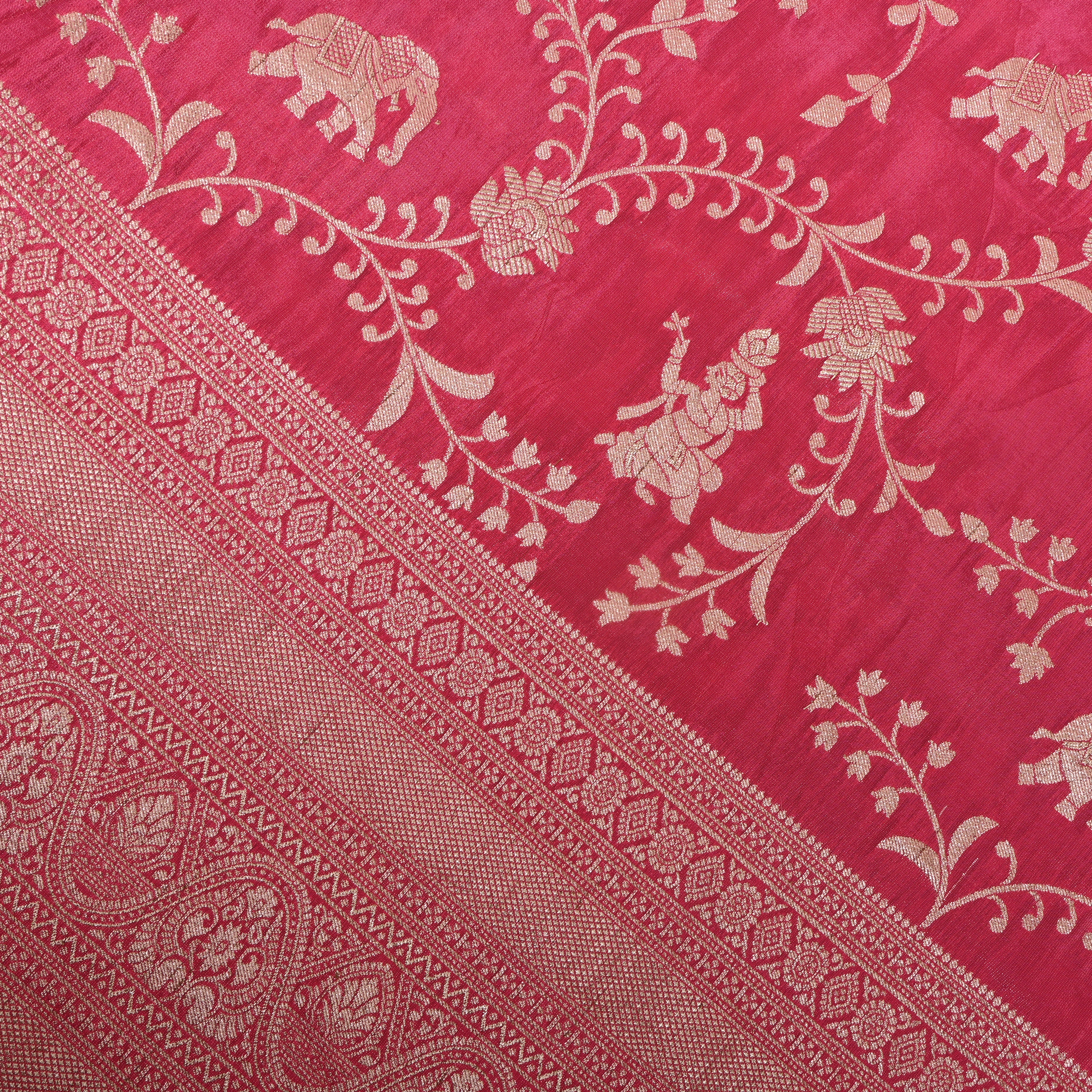 Deep Pink Elephant Dancer Zari Fabric