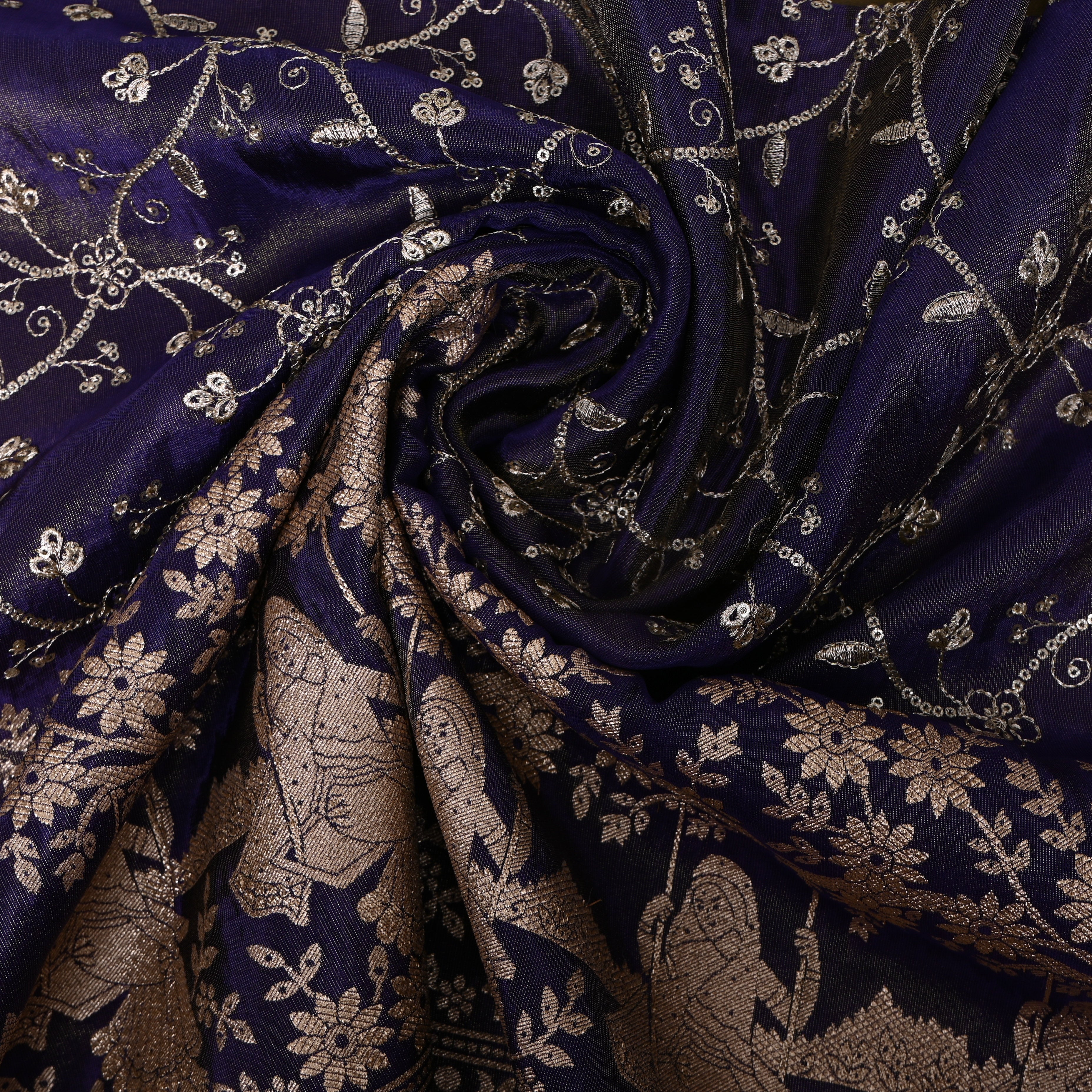 Navy Blue Gopi Swing Floral Jaal Tissue Fabric