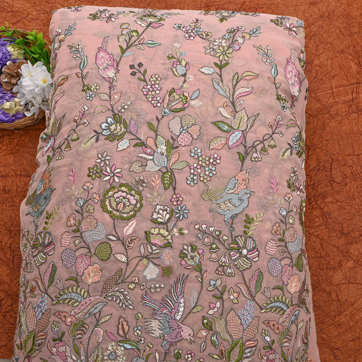 Dusty Pink Multicolour Floral Jaal Thread Work Georgette Fabric