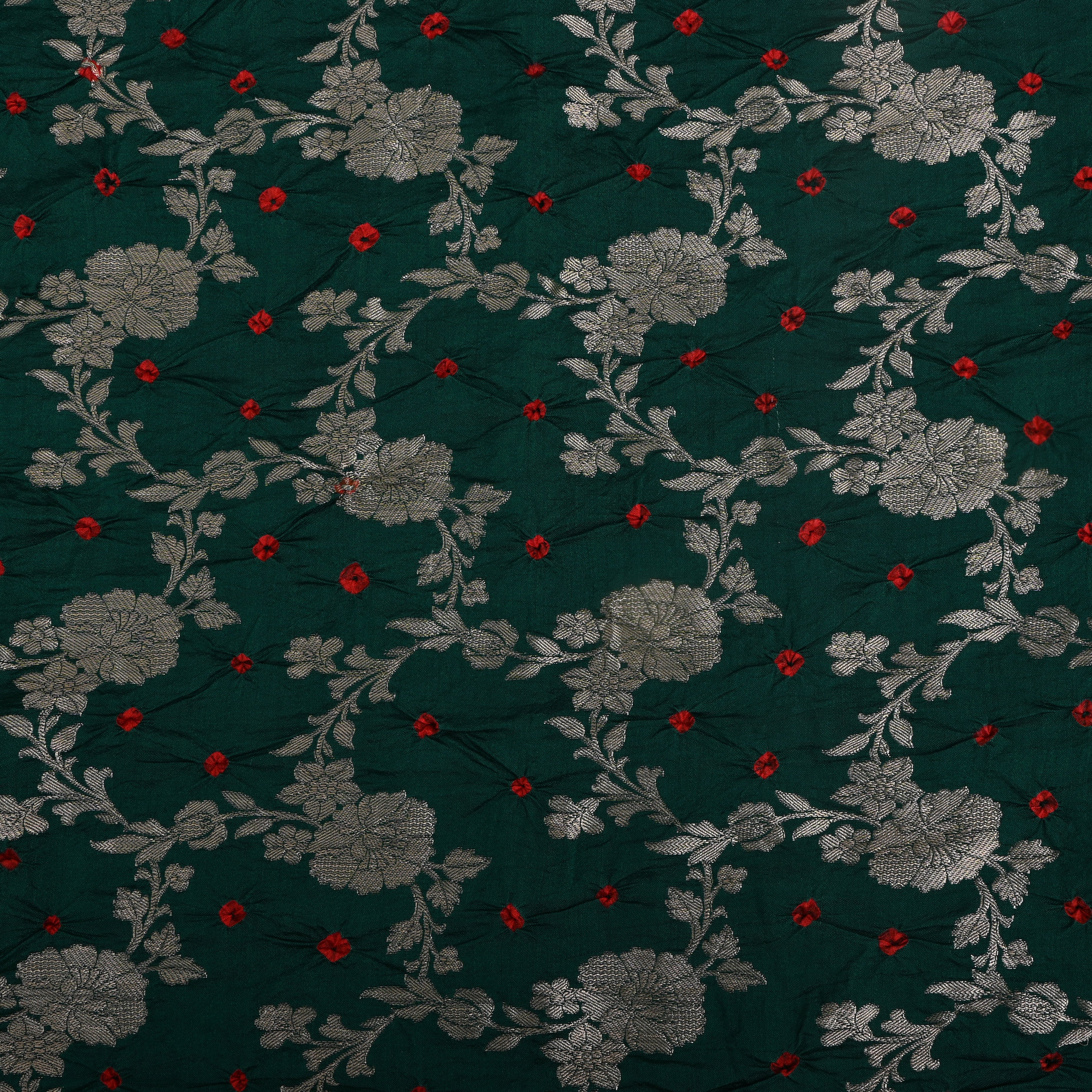 Bottle Green Floral And Bandhani Silk Fabric