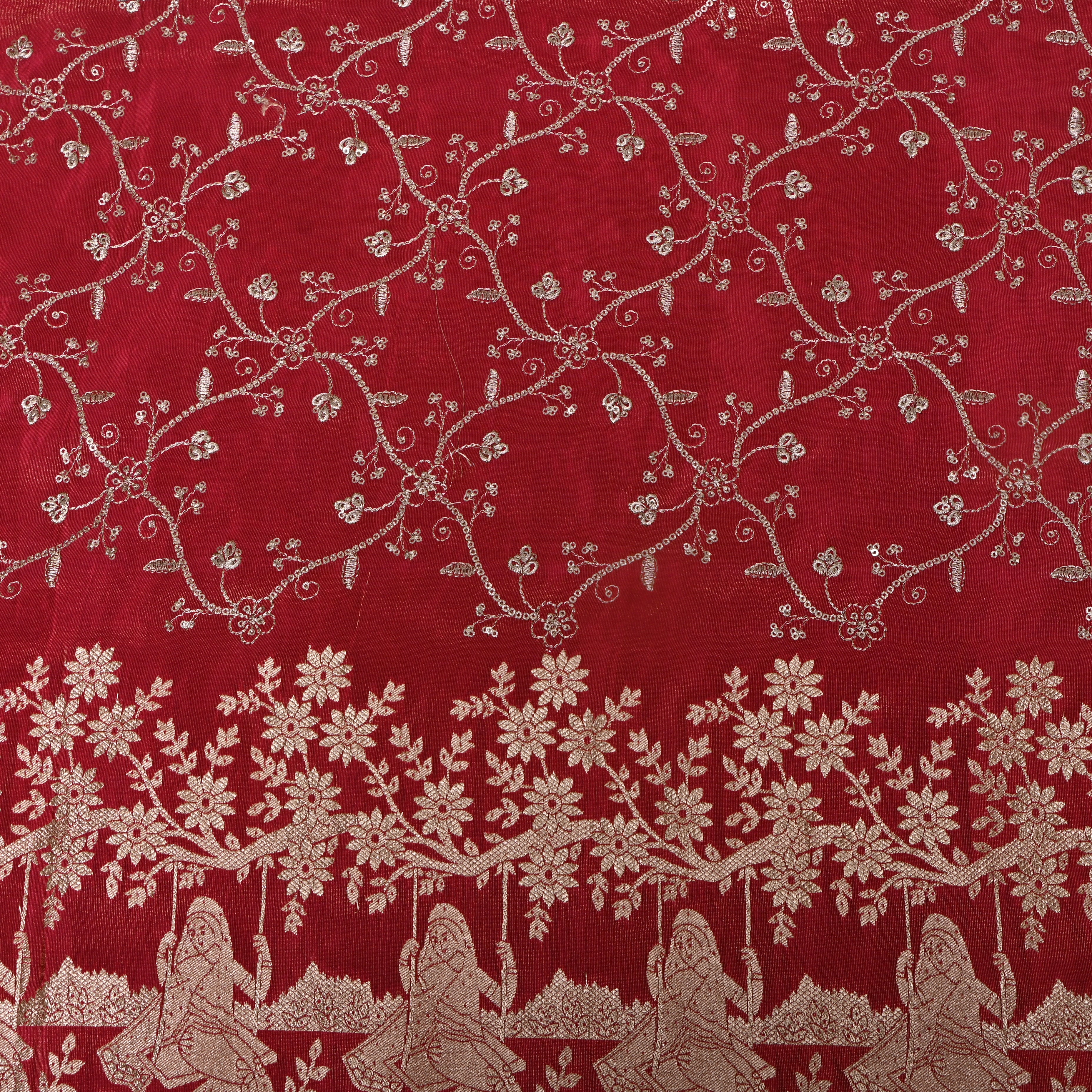 Deep Red Gopi Swing Floral Jaal Tissue Fabric