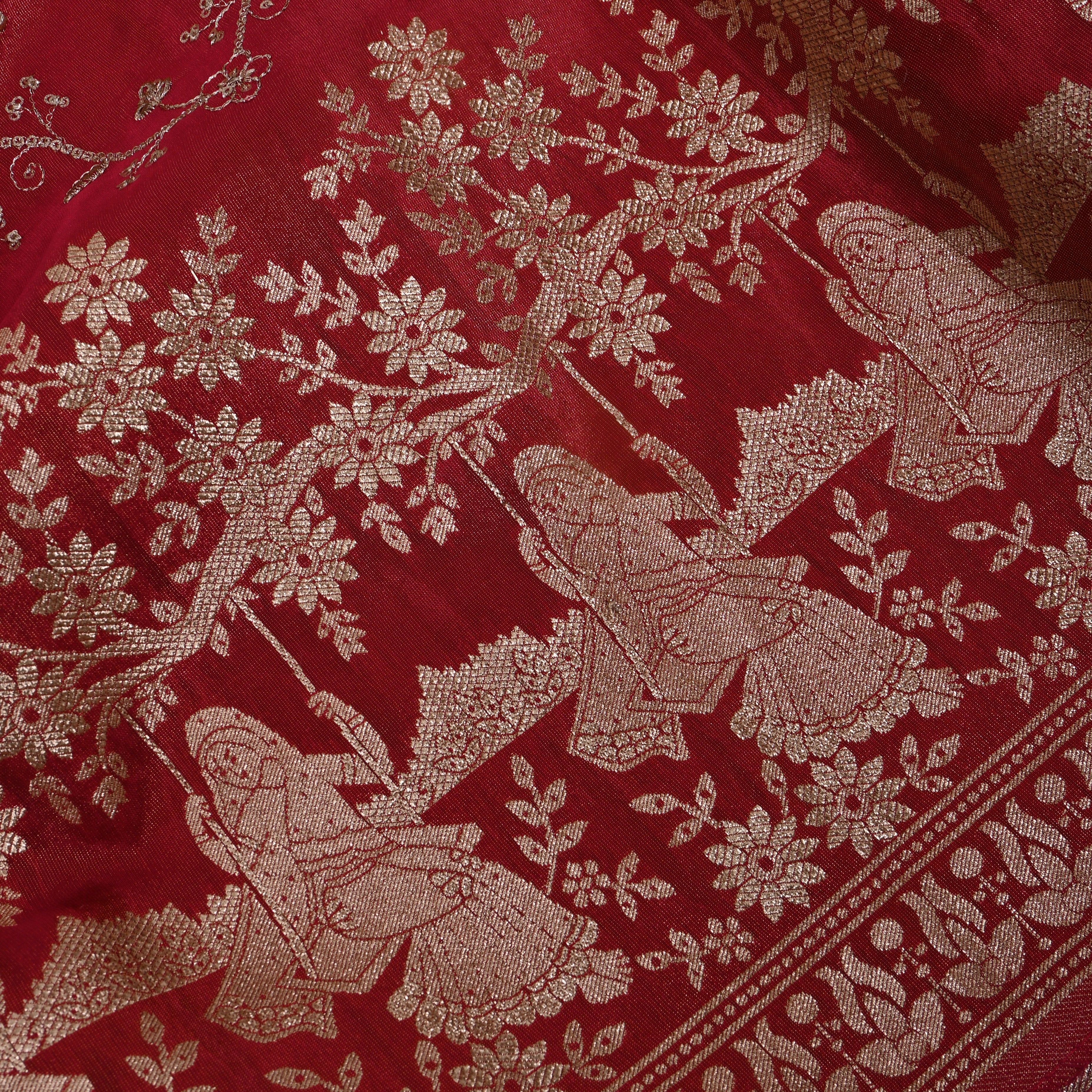 Deep Red Gopi Swing Floral Jaal Tissue Fabric
