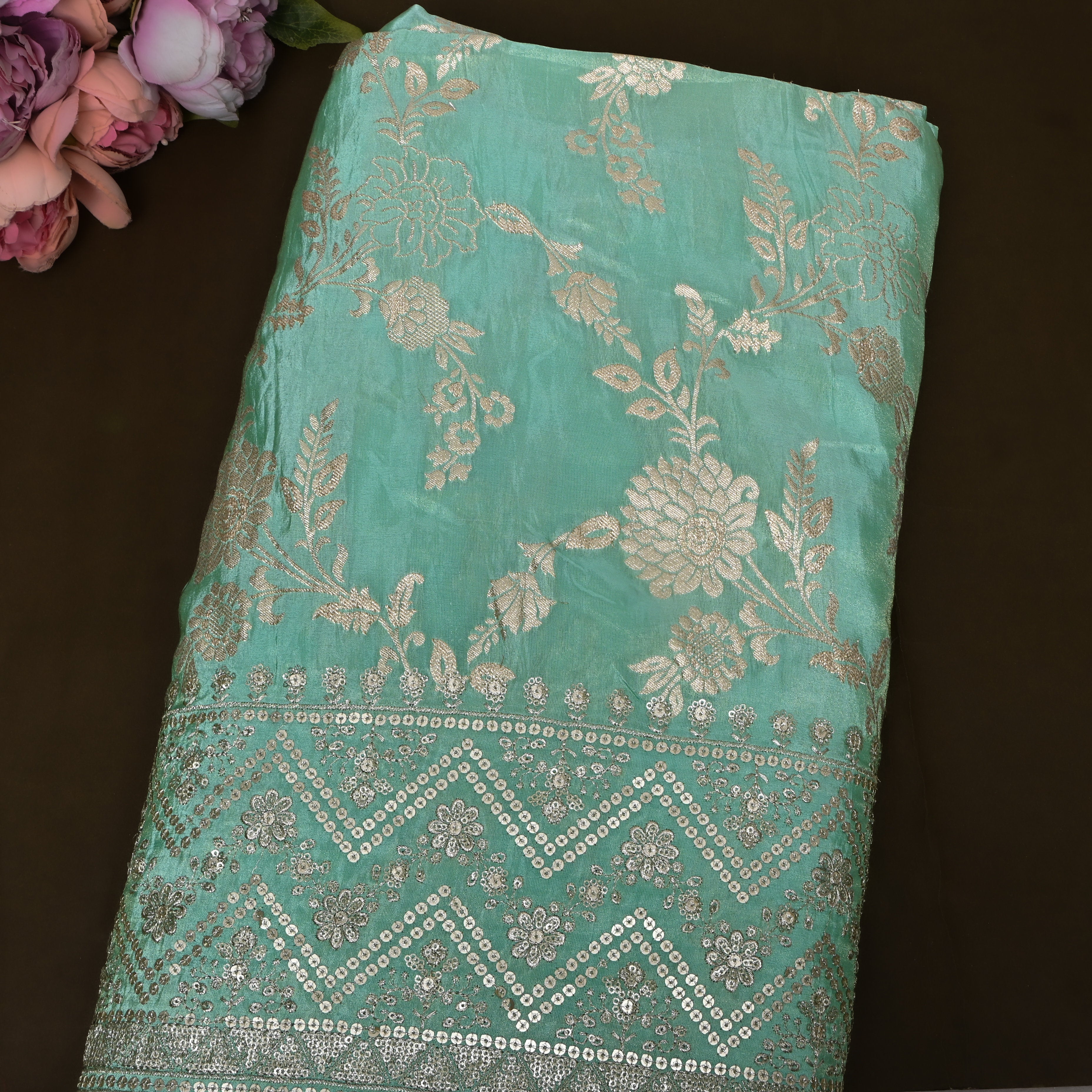 Sea Green Sequin Floral Jaal Border Tissue Fabric
