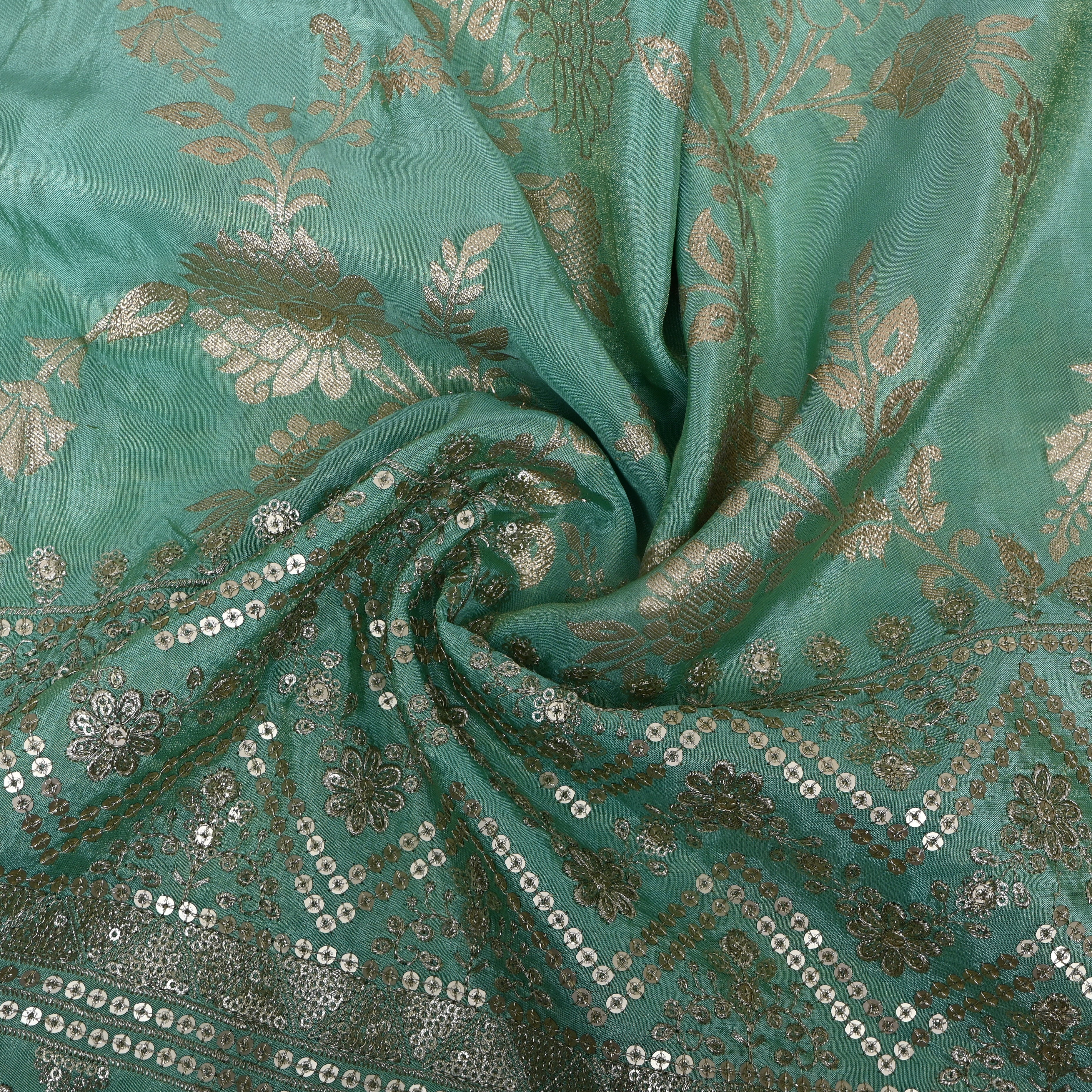 Sea Green Sequin Floral Jaal Border Tissue Fabric