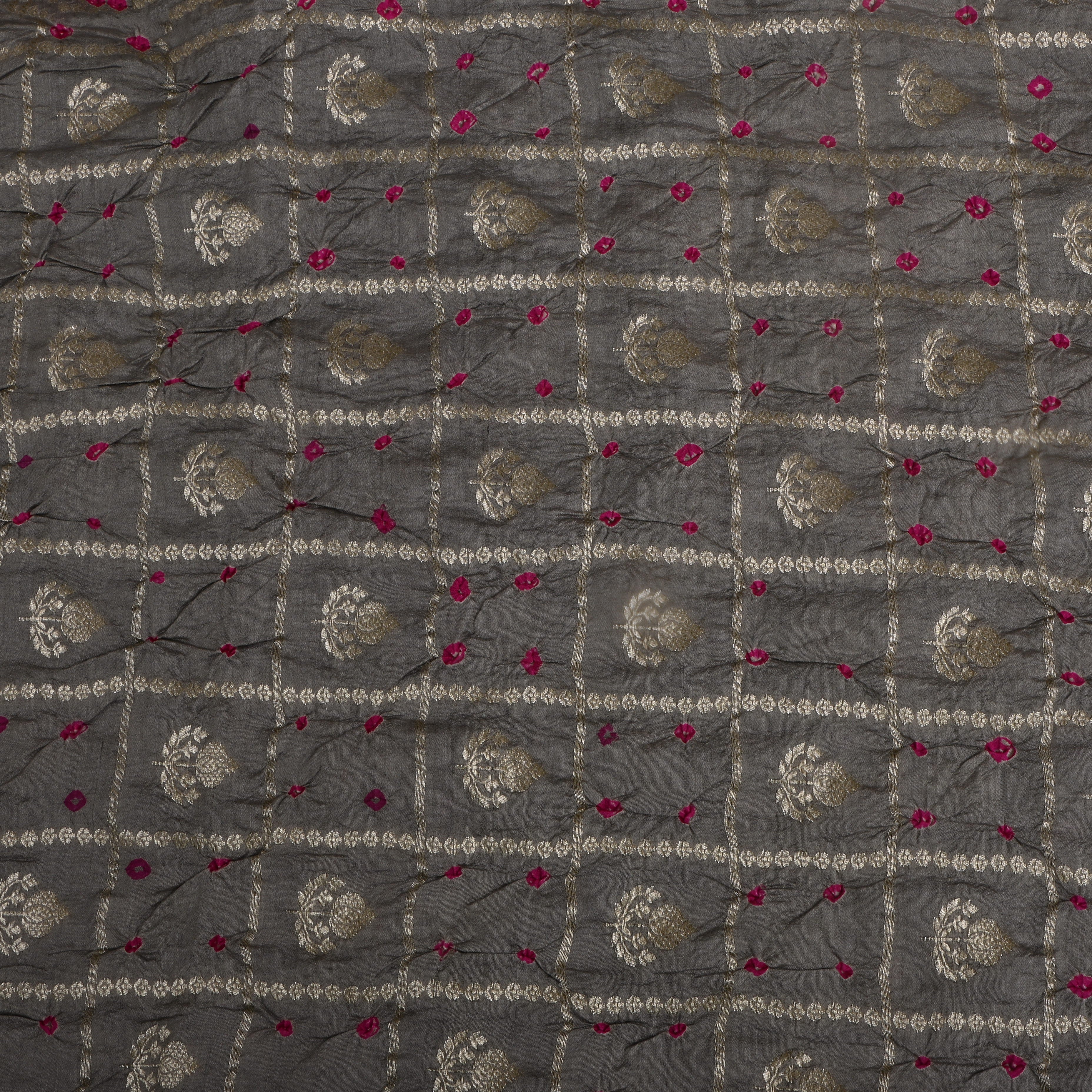 Dark Grey Floral Zari Silk Fabric