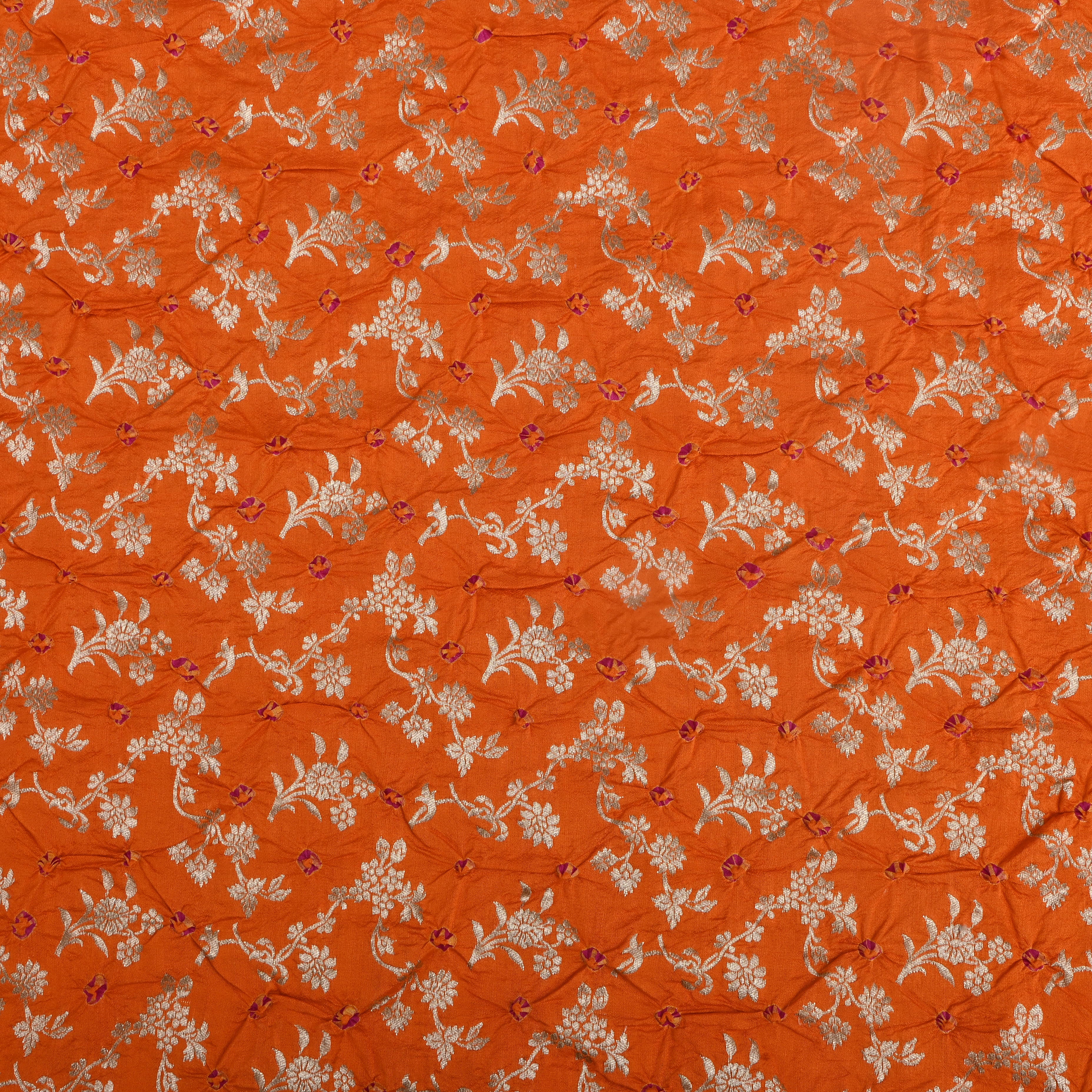 Orange Floral Zari Silk Fabric