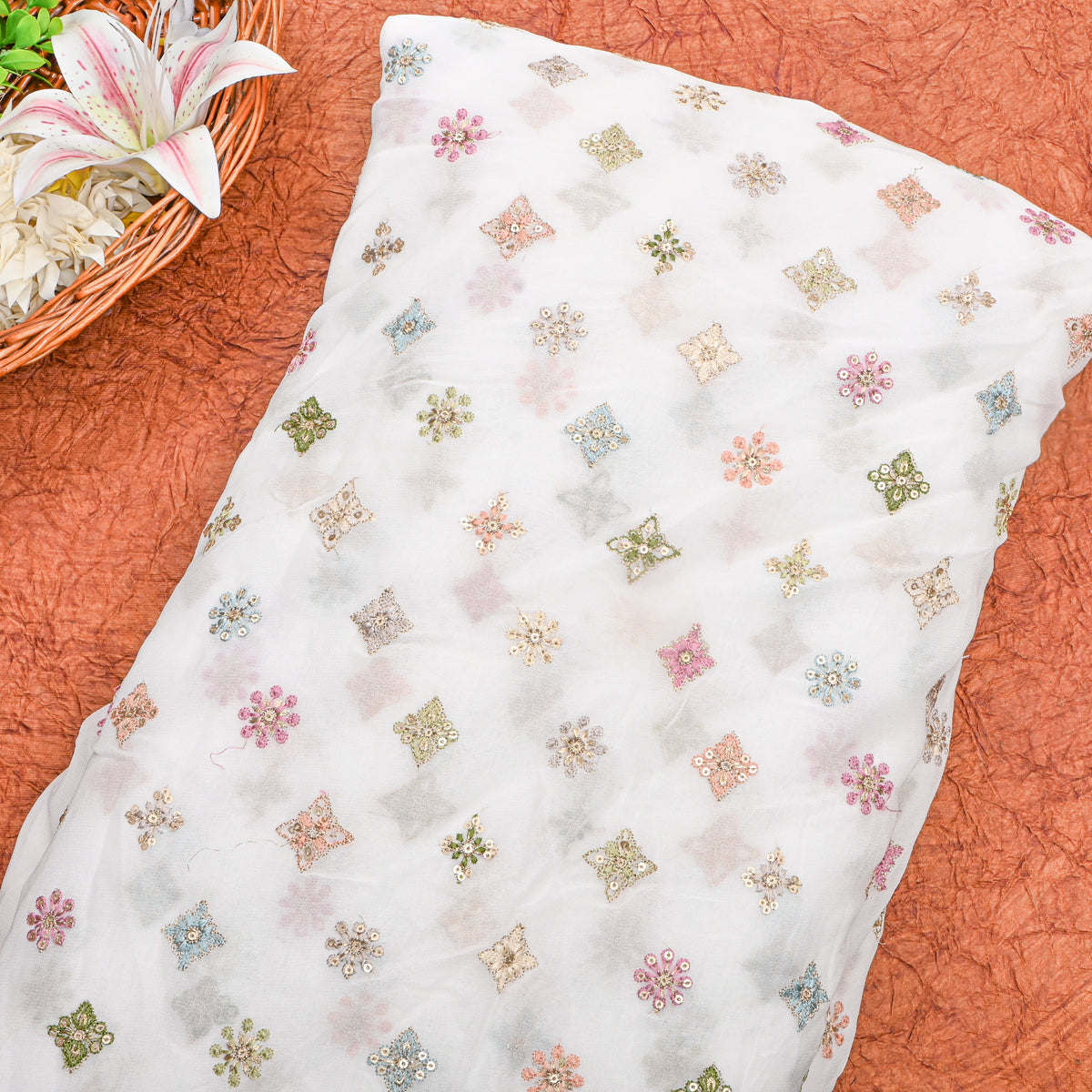 Snow White Gold Thread Butti Embroidery Georgette Fabric