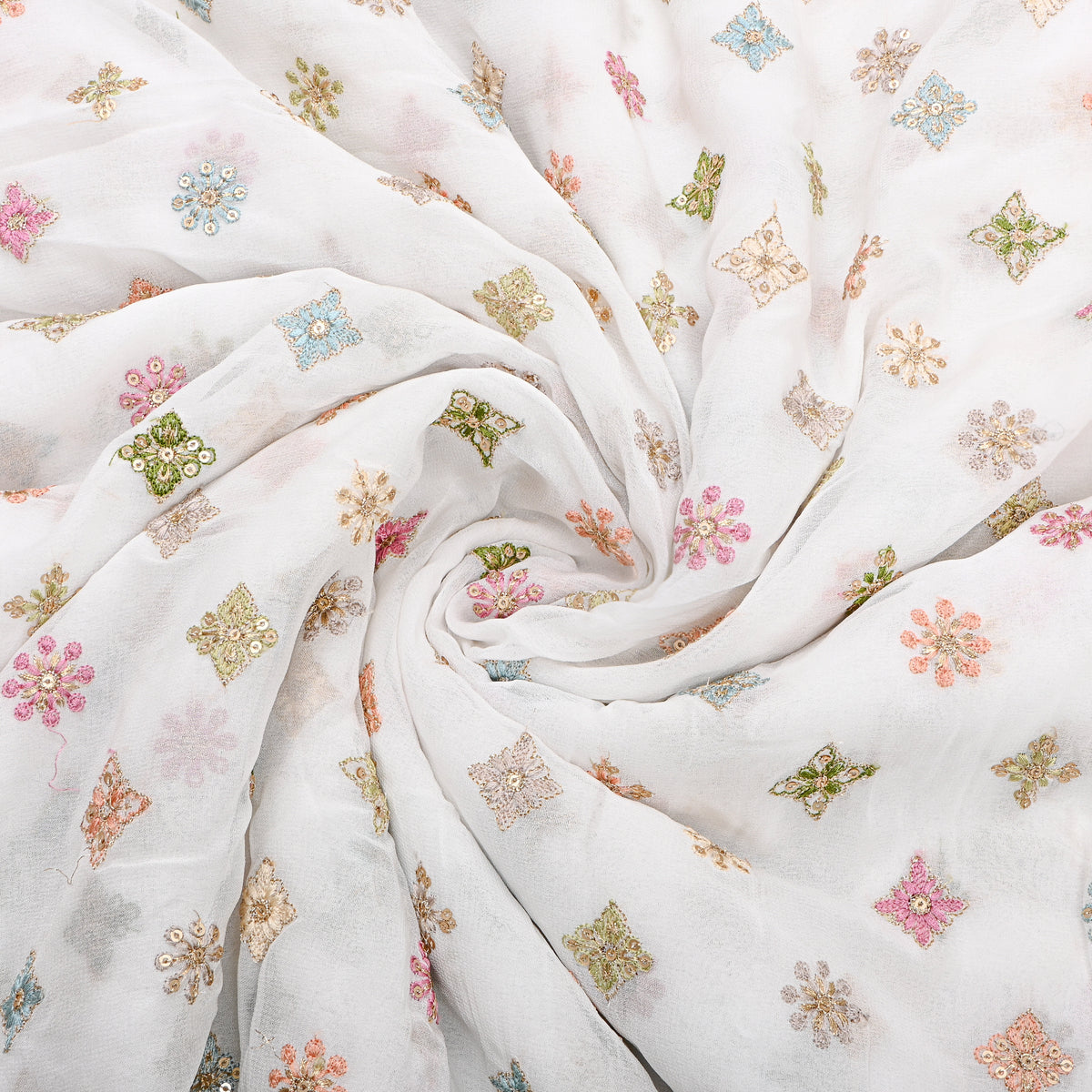 Snow White Gold Thread Butti Embroidery Georgette Fabric