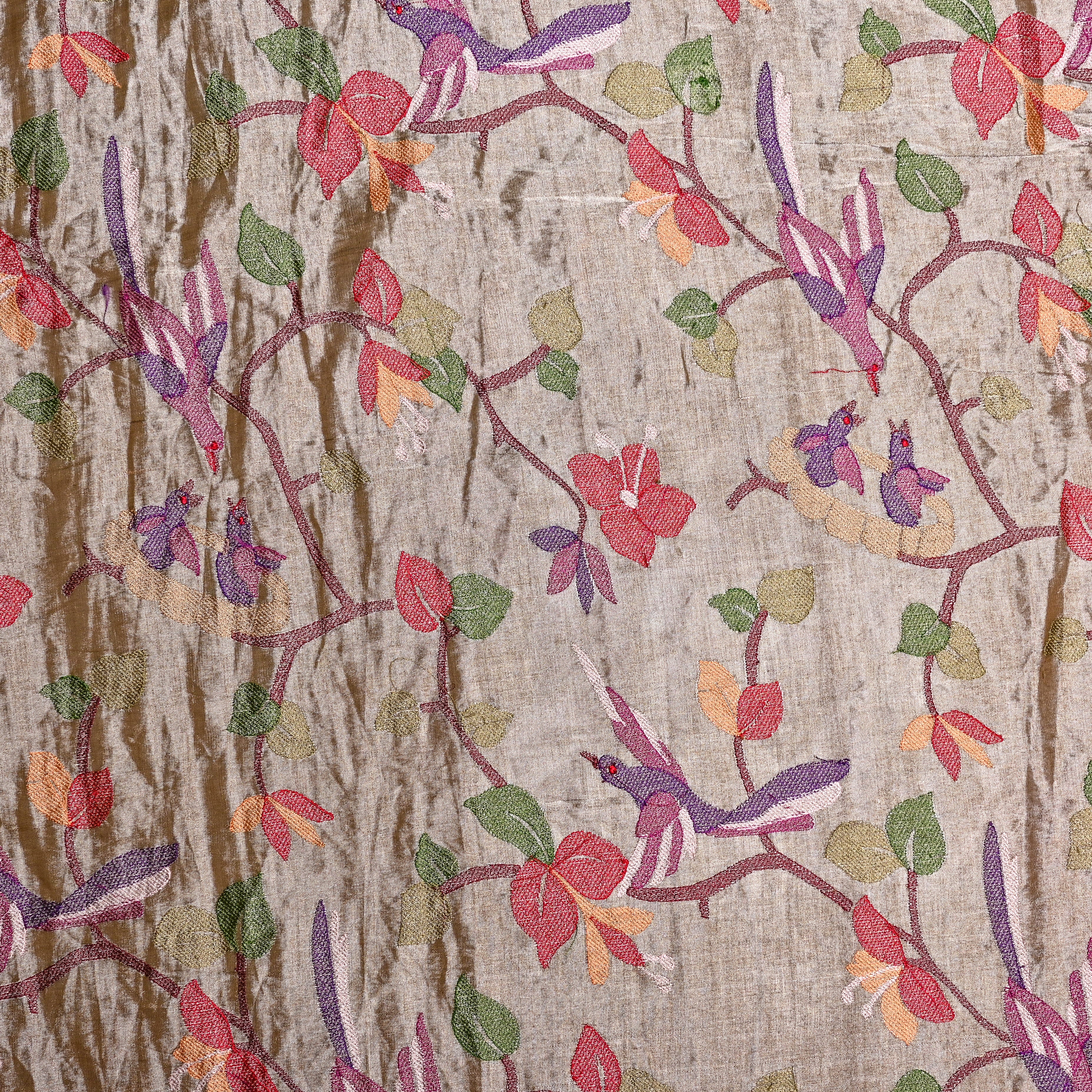 Silver Tissue Fabric With Avian Embroidery