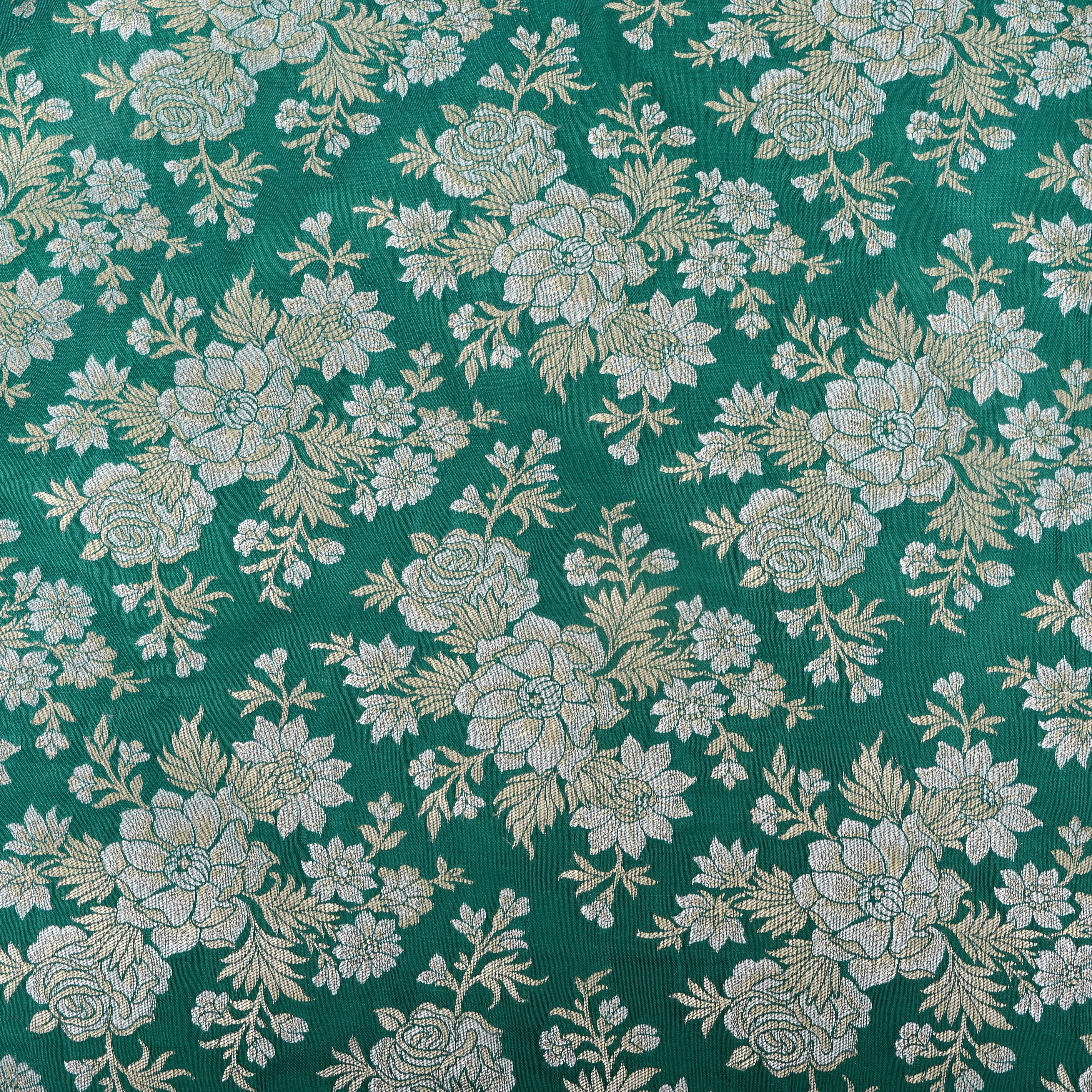 Teal Green Silver Rose Bloom Jamawar Silk