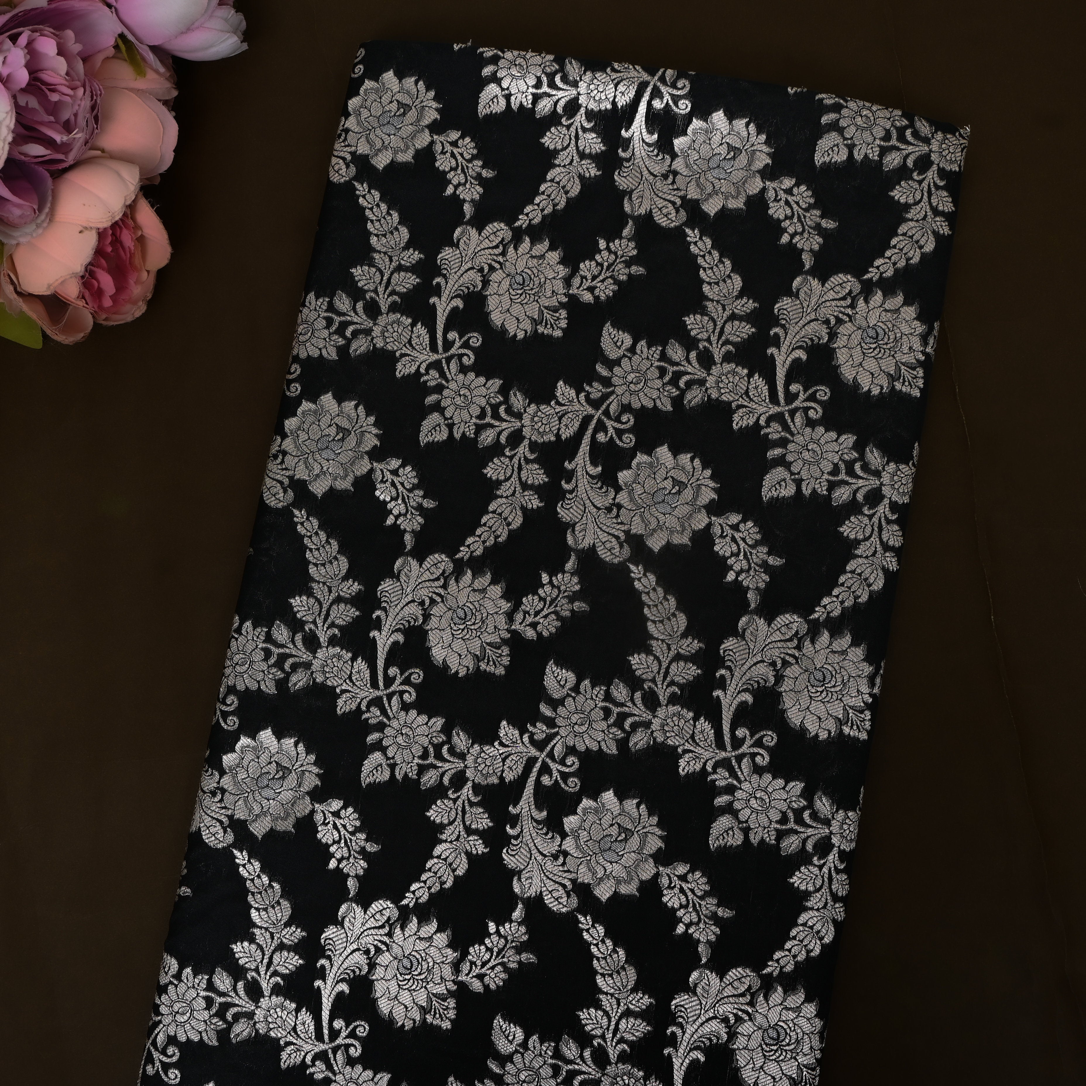 Jet Black Silver Floral Parsi Jamawar Fabric