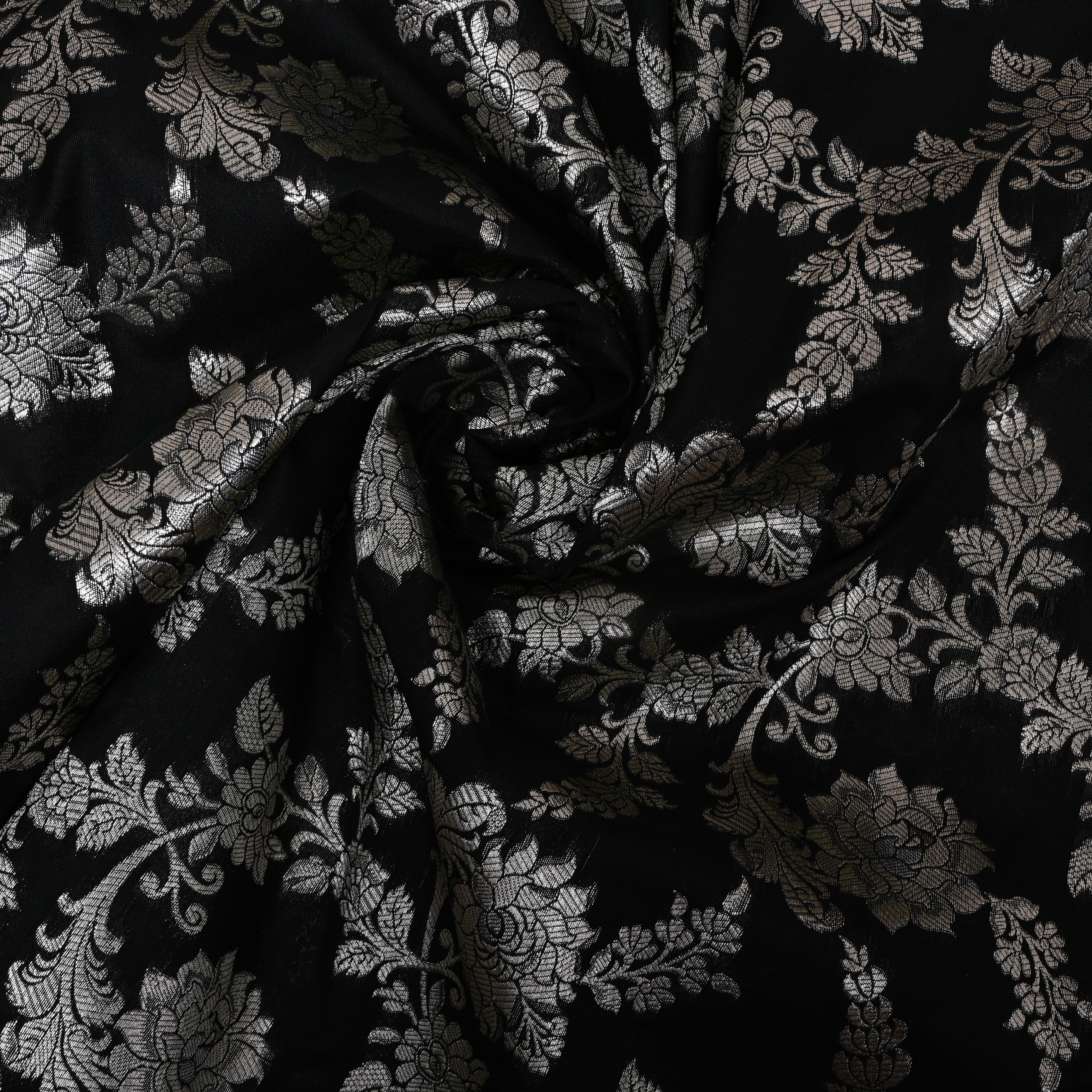 Jet Black Silver Floral Parsi Jamawar Fabric