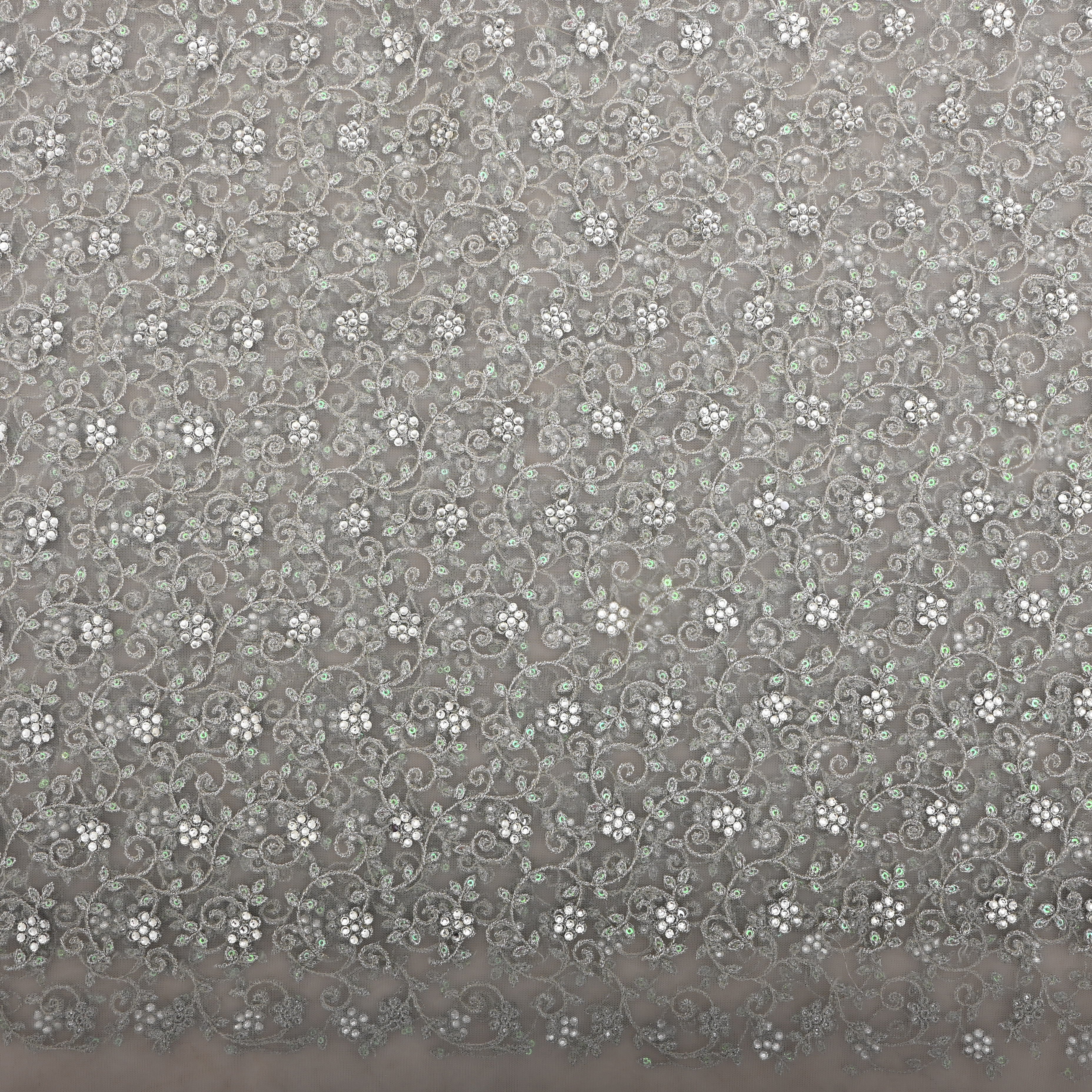 Grey Silver Zari Embroidered Floral Net Fabric