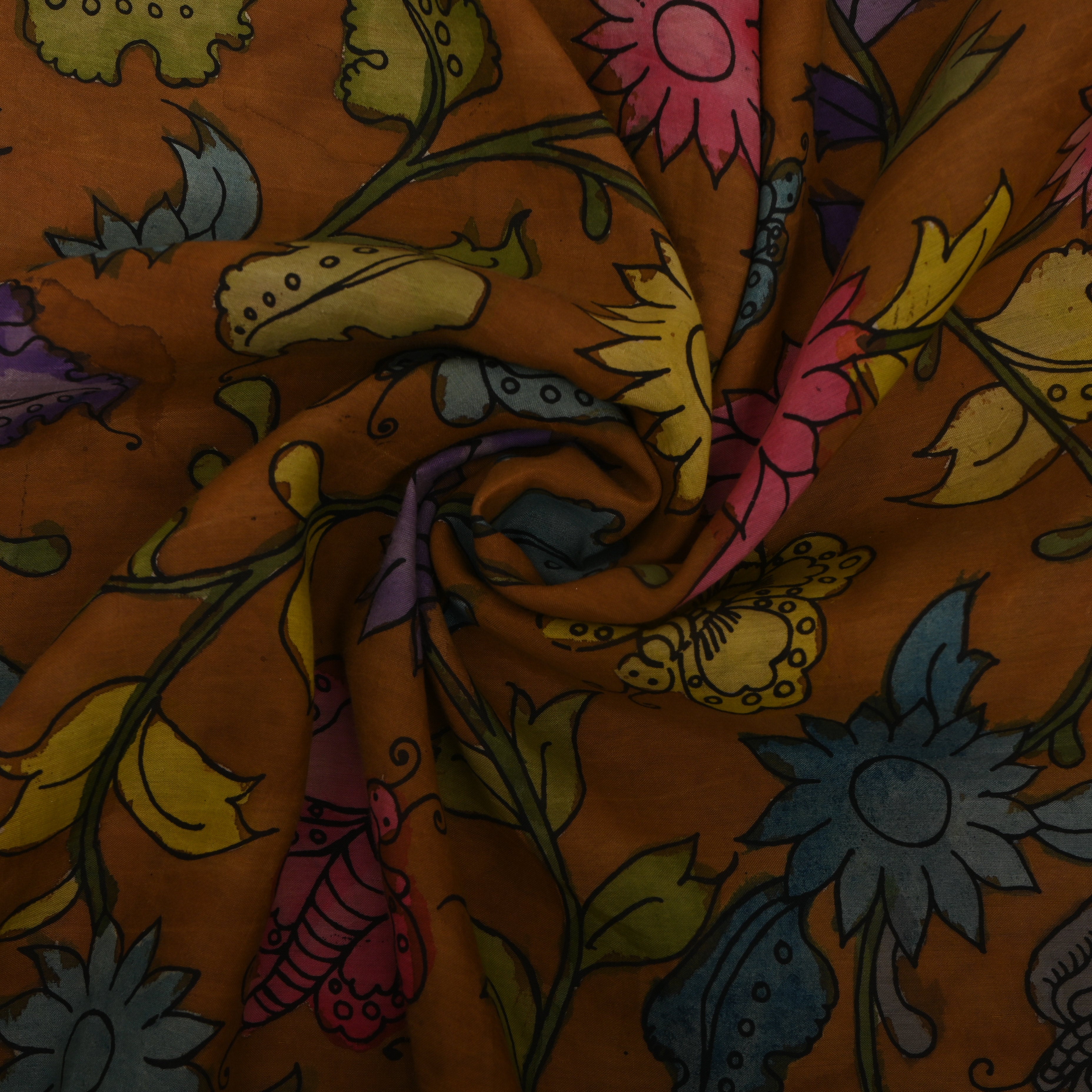 Rust Yellow Kalamkari Floral Butterfly Dupion Silk