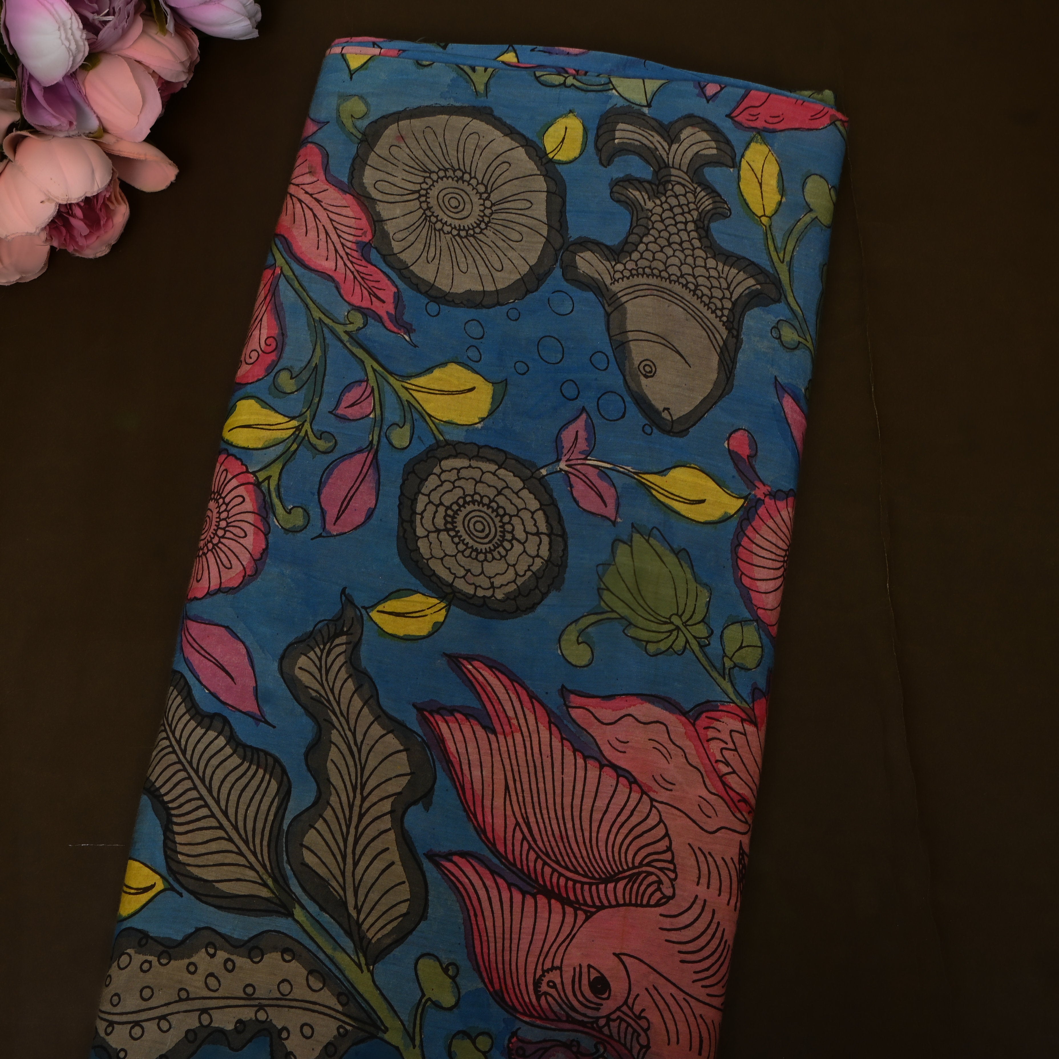Peacock Blue Kalamkari Fish And Lotus Dupion Silk
