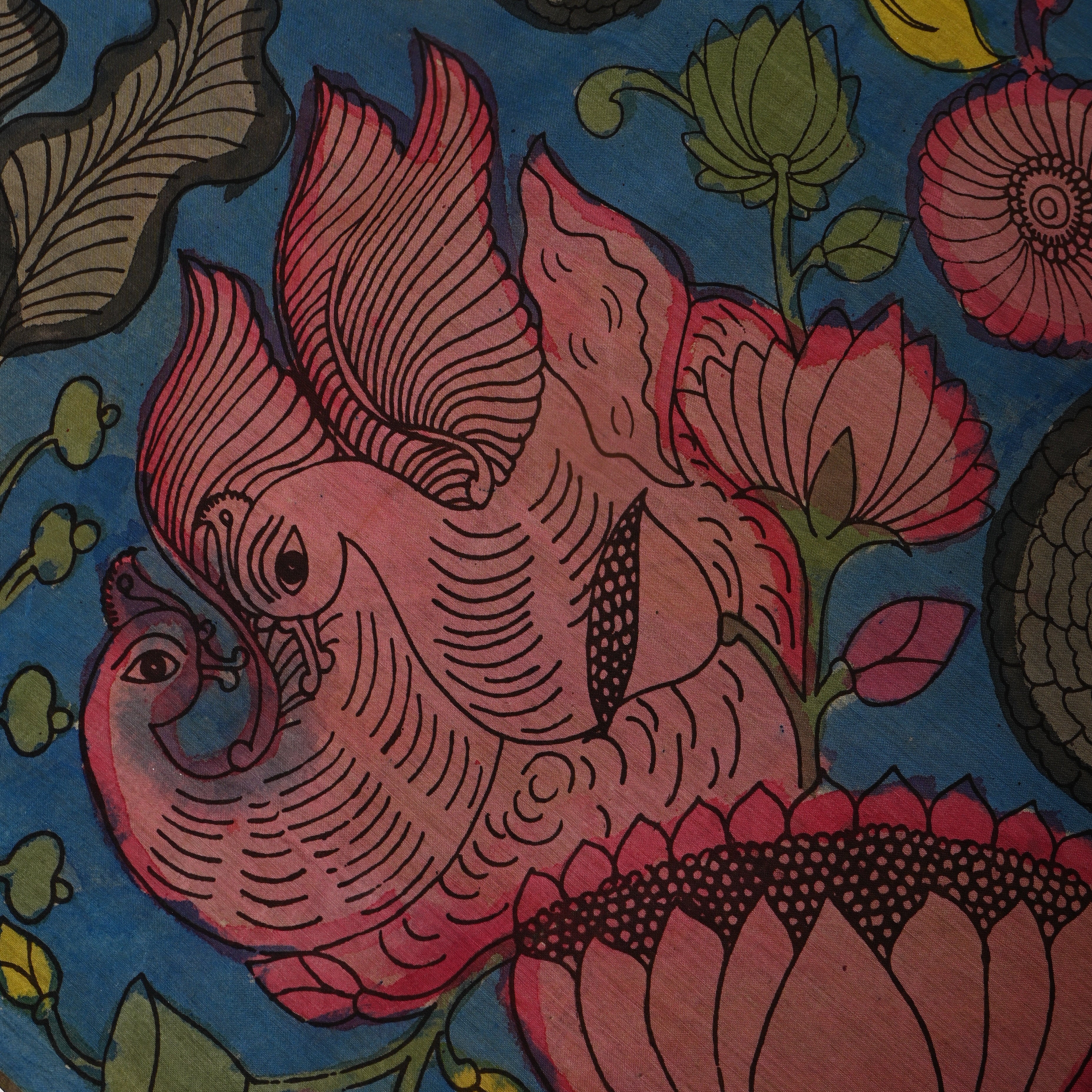 Peacock Blue Kalamkari Fish And Lotus Dupion Silk