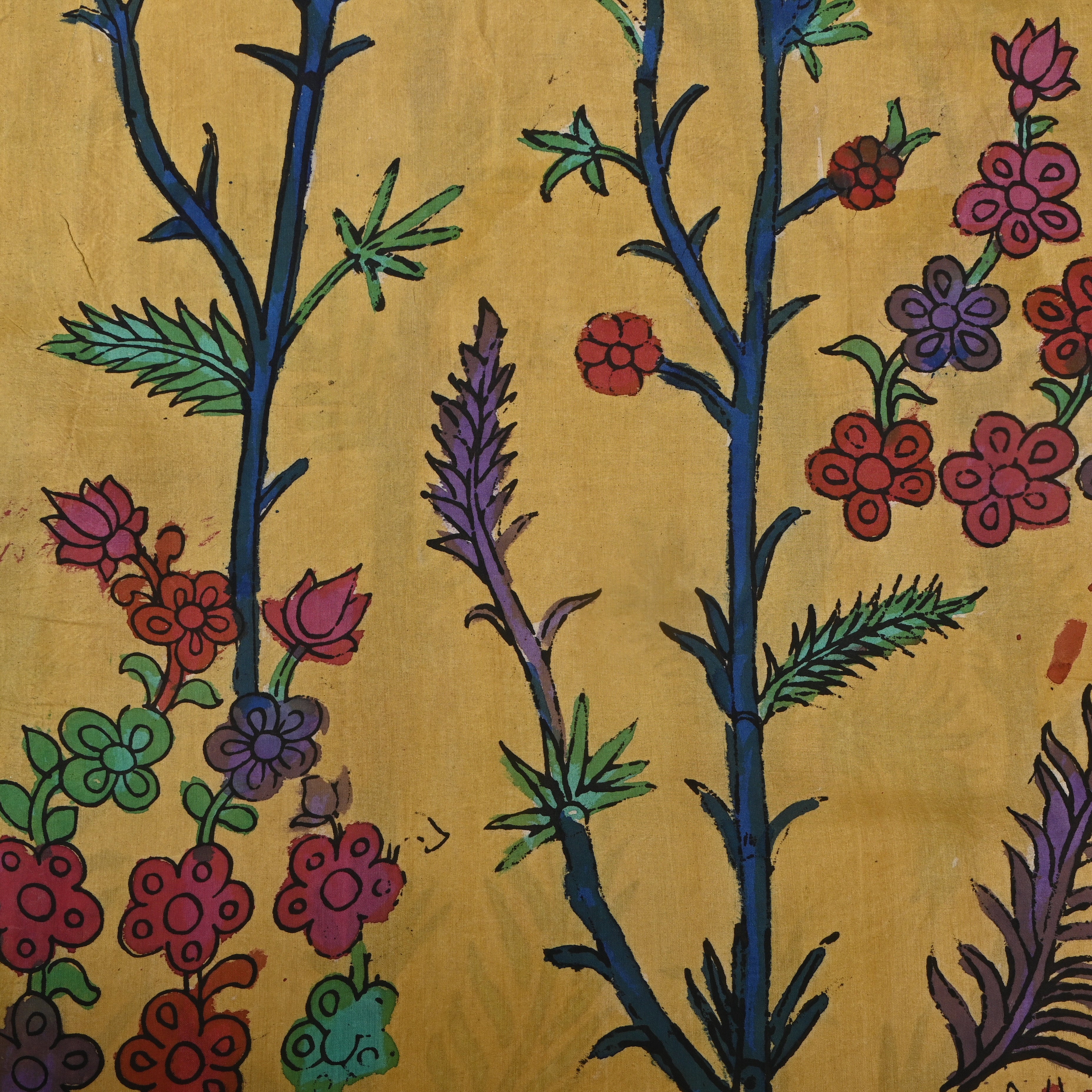 Mustard Yellow Kalamkari Floral Vine Dupion Silk