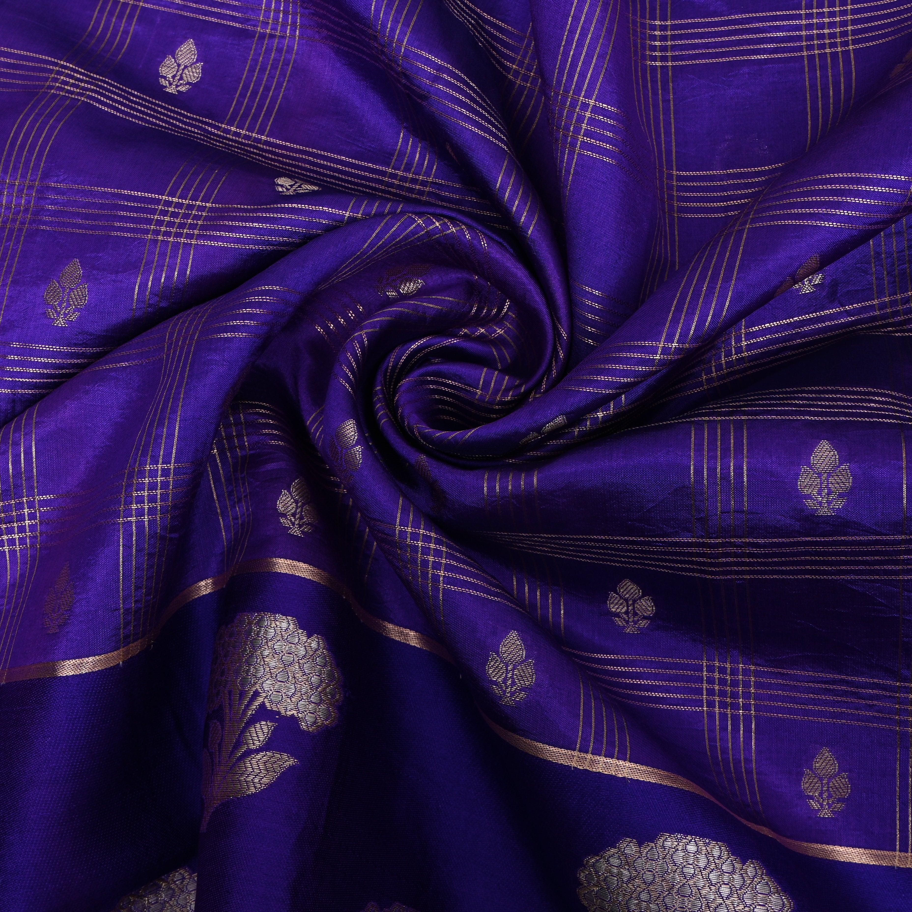 Royal Blue Jamawar With Striped Weave And Floral Border