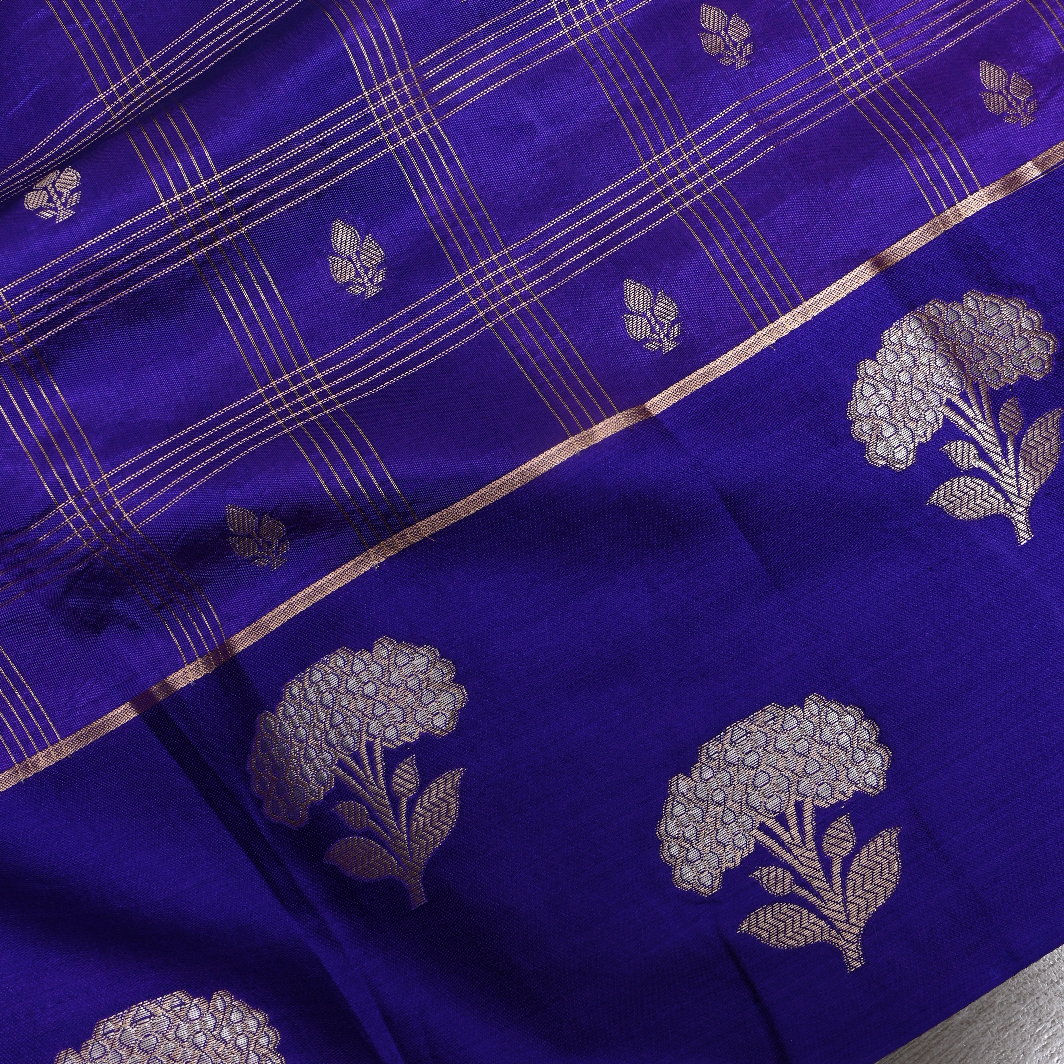 Royal Blue Jamawar With Striped Weave And Floral Border