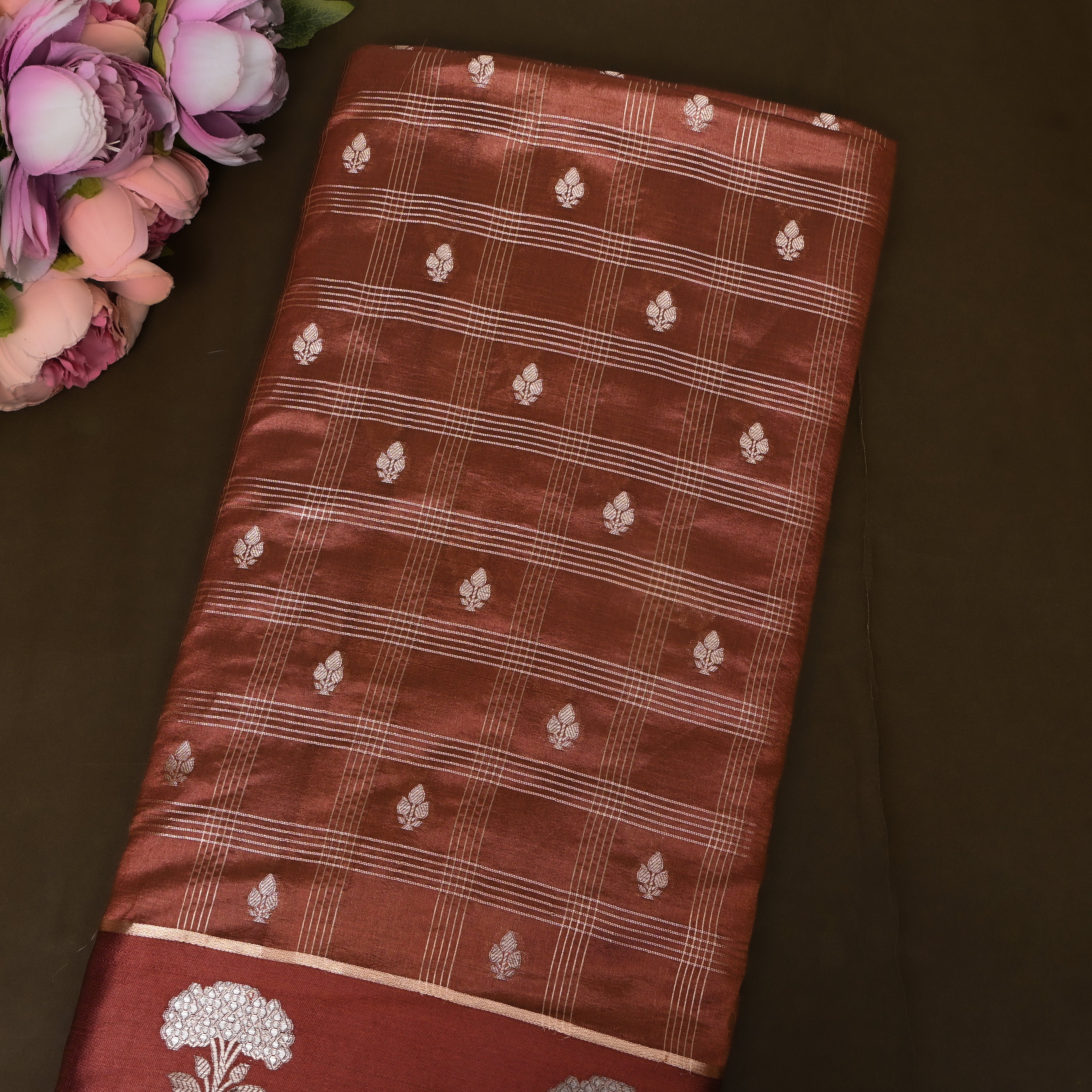 Rust Brown Jamawar With Striped Weave And Floral Border