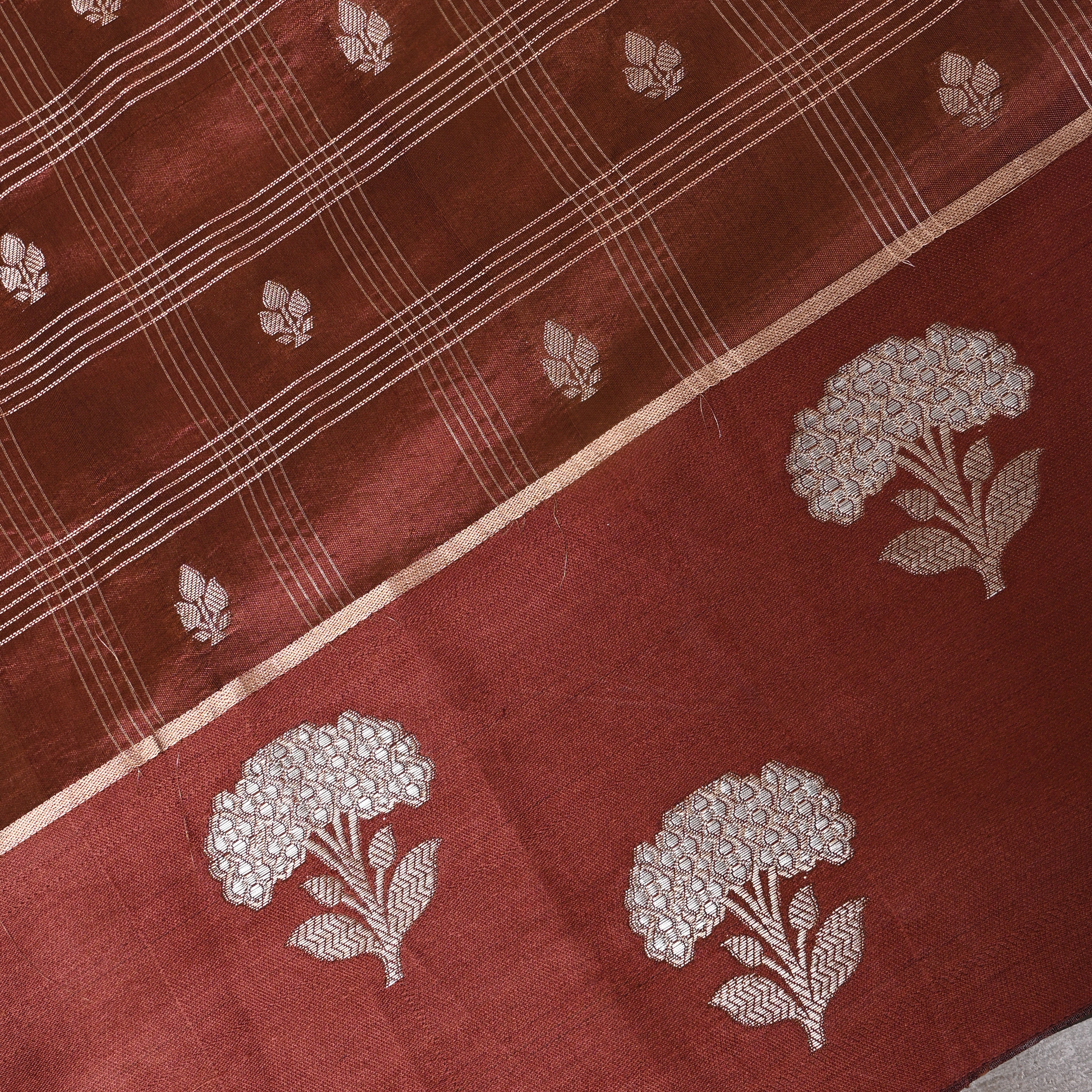 Rust Brown Jamawar With Striped Weave And Floral Border