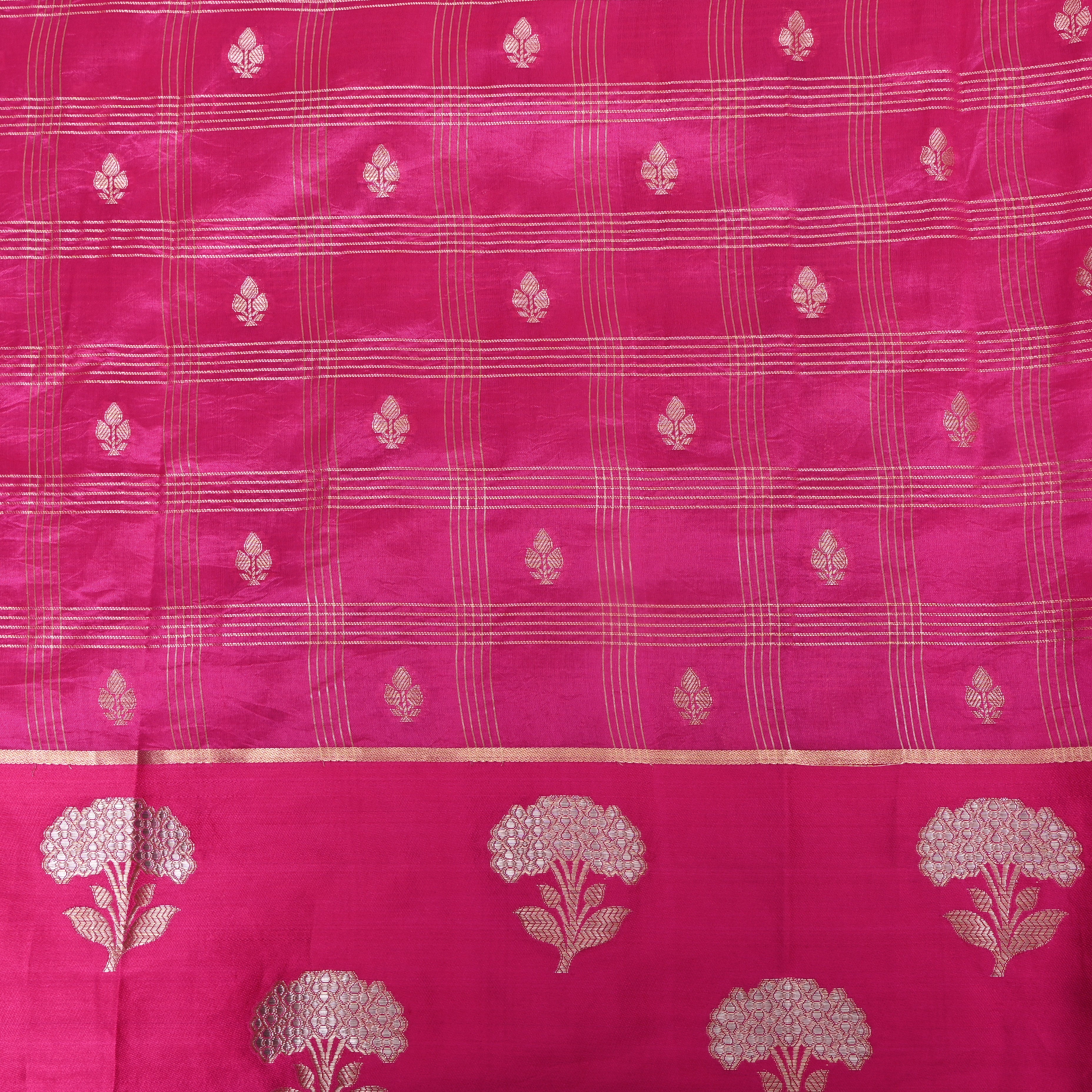 Rani Pink Jamawar With Striped Weave And Floral Border