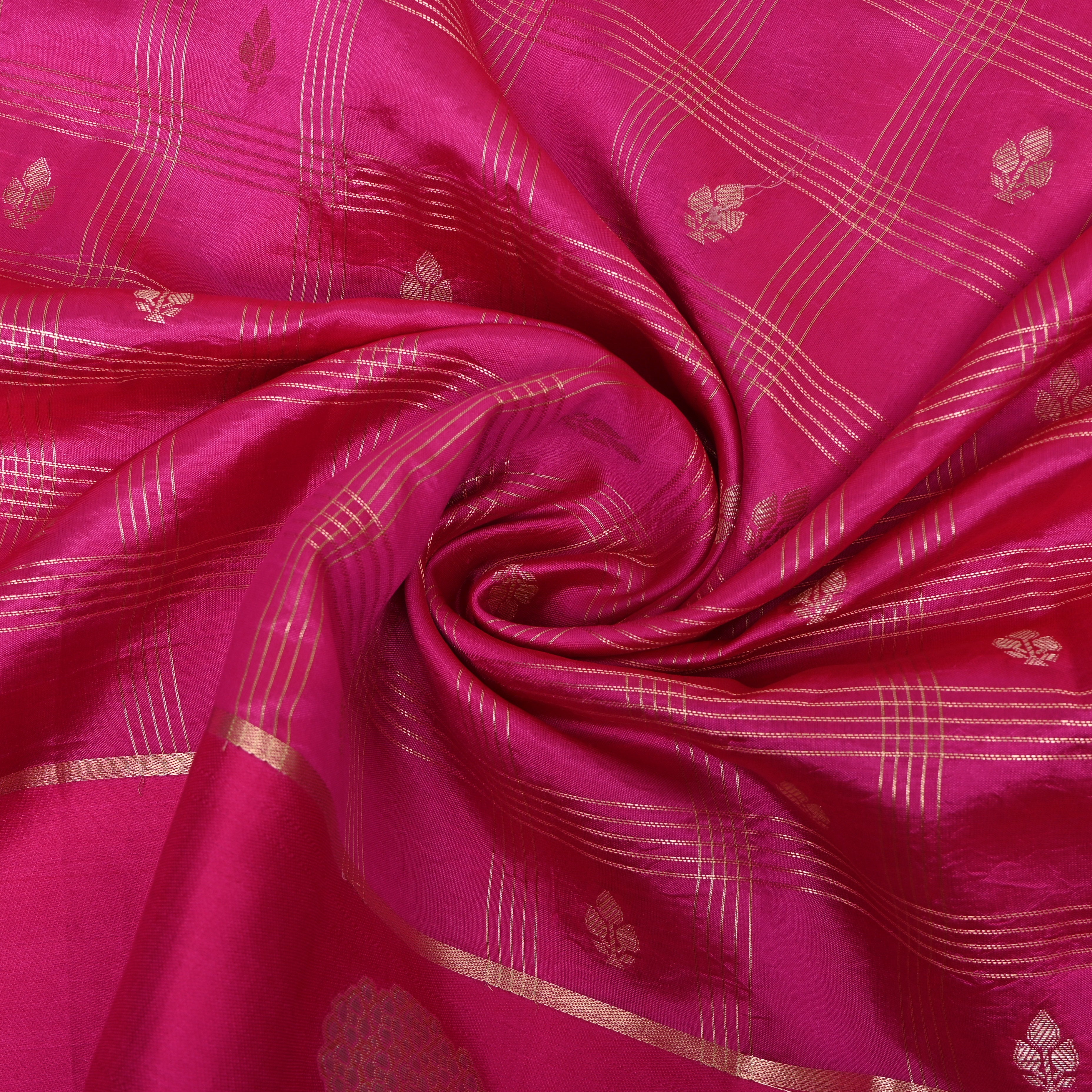 Rani Pink Jamawar With Striped Weave And Floral Border